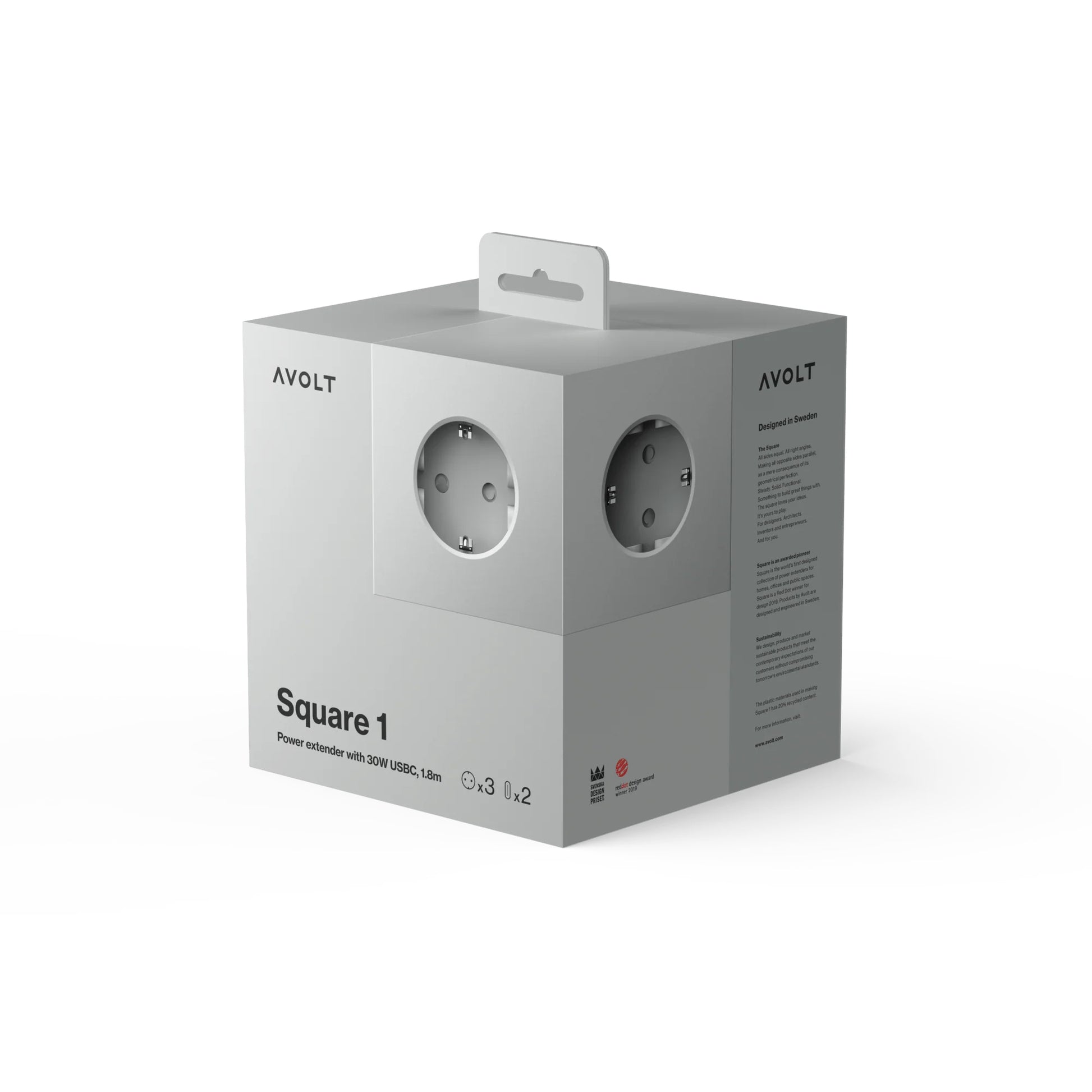 Avolt Square 1 Stekkerdoos & USB-C oplader│3 meter│Gotland Grey│art. SQ1-EUFC-30GG│verpakking