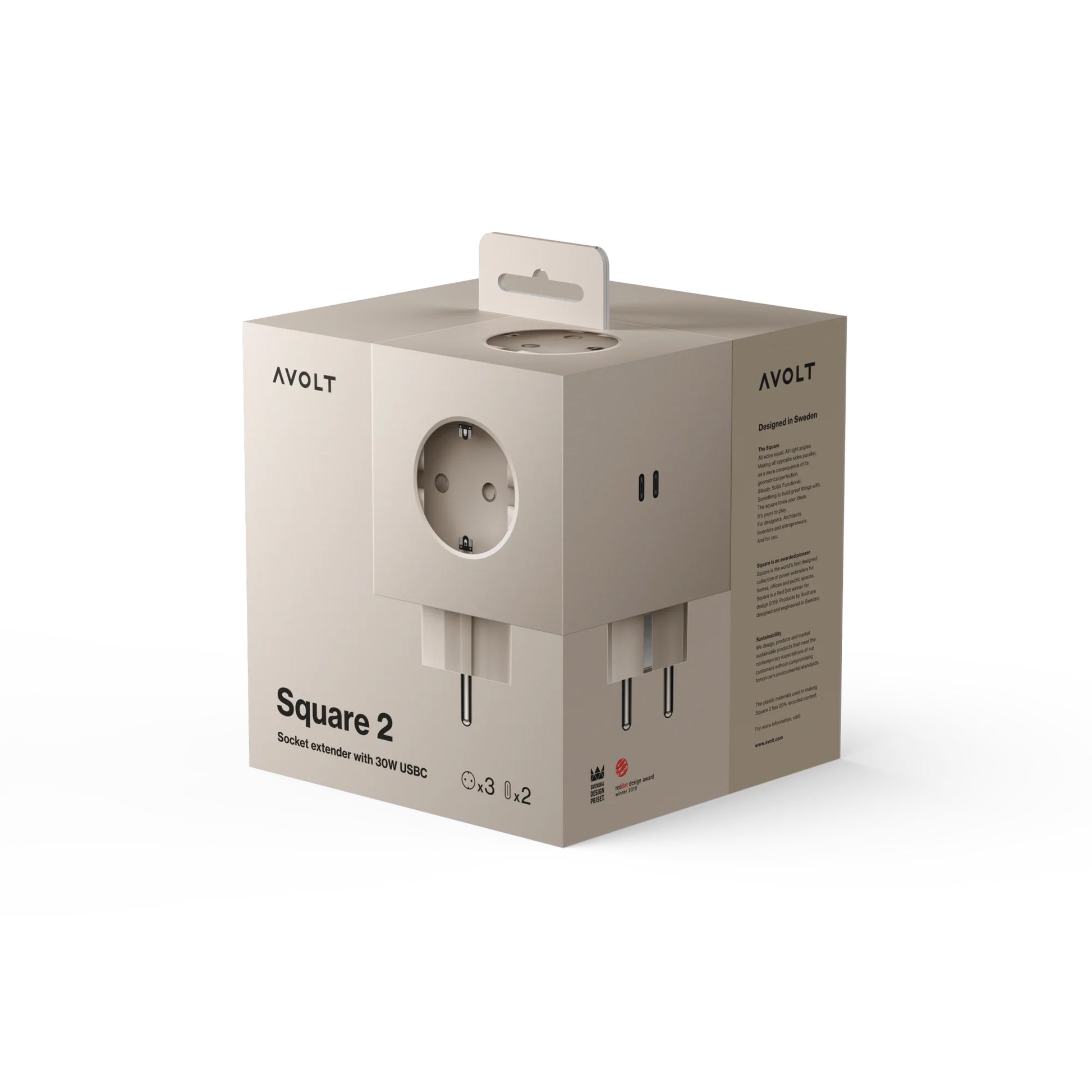 Avolt Square 2 Stekkerdoos & USB-C Oplader│Nomad Sand│art. SQ2-EUFC30-WMBE│verpakking