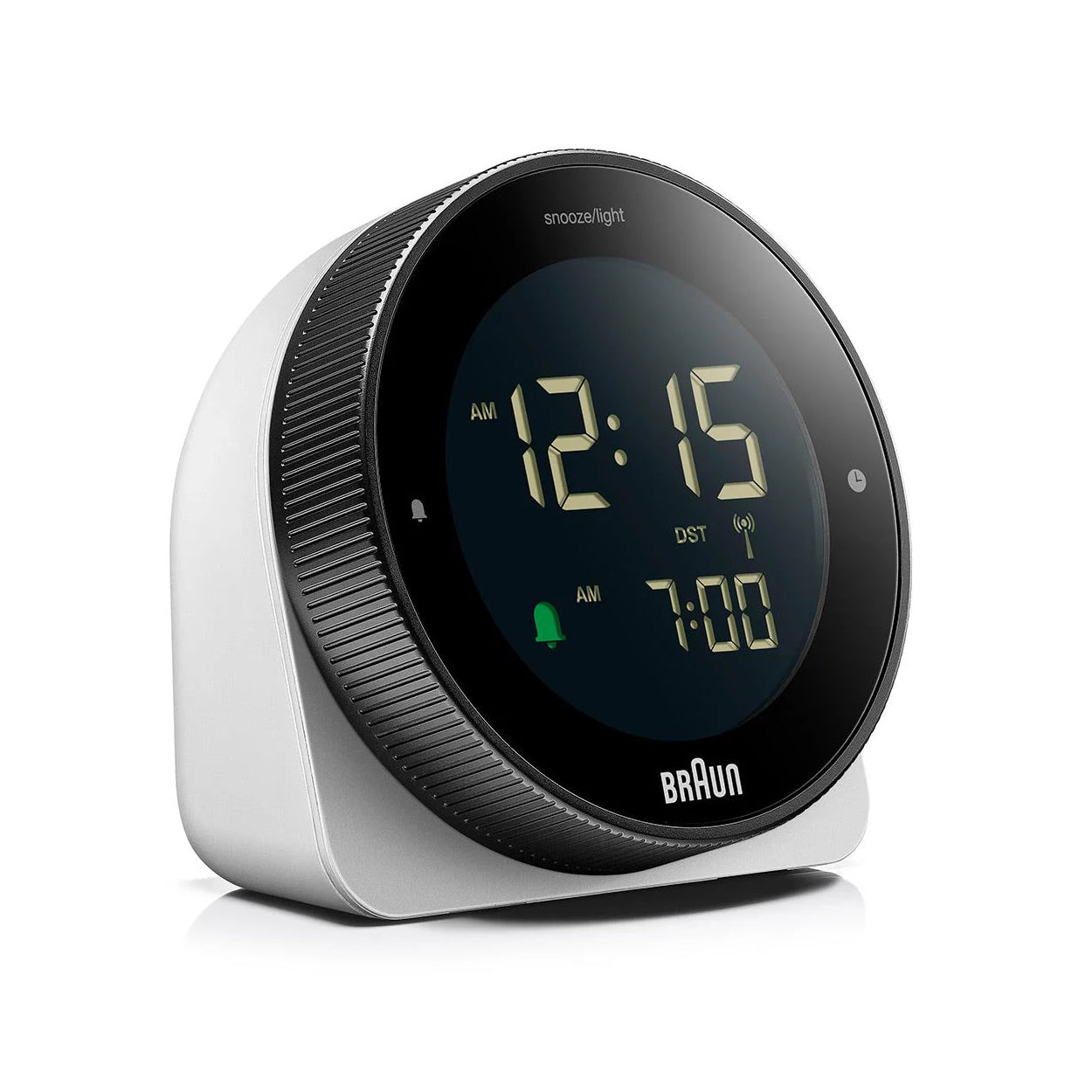 Braun Wekker BC24W-DCF Digitaal Wit│Radiogestuurd│vooraanzicht schuin rechts