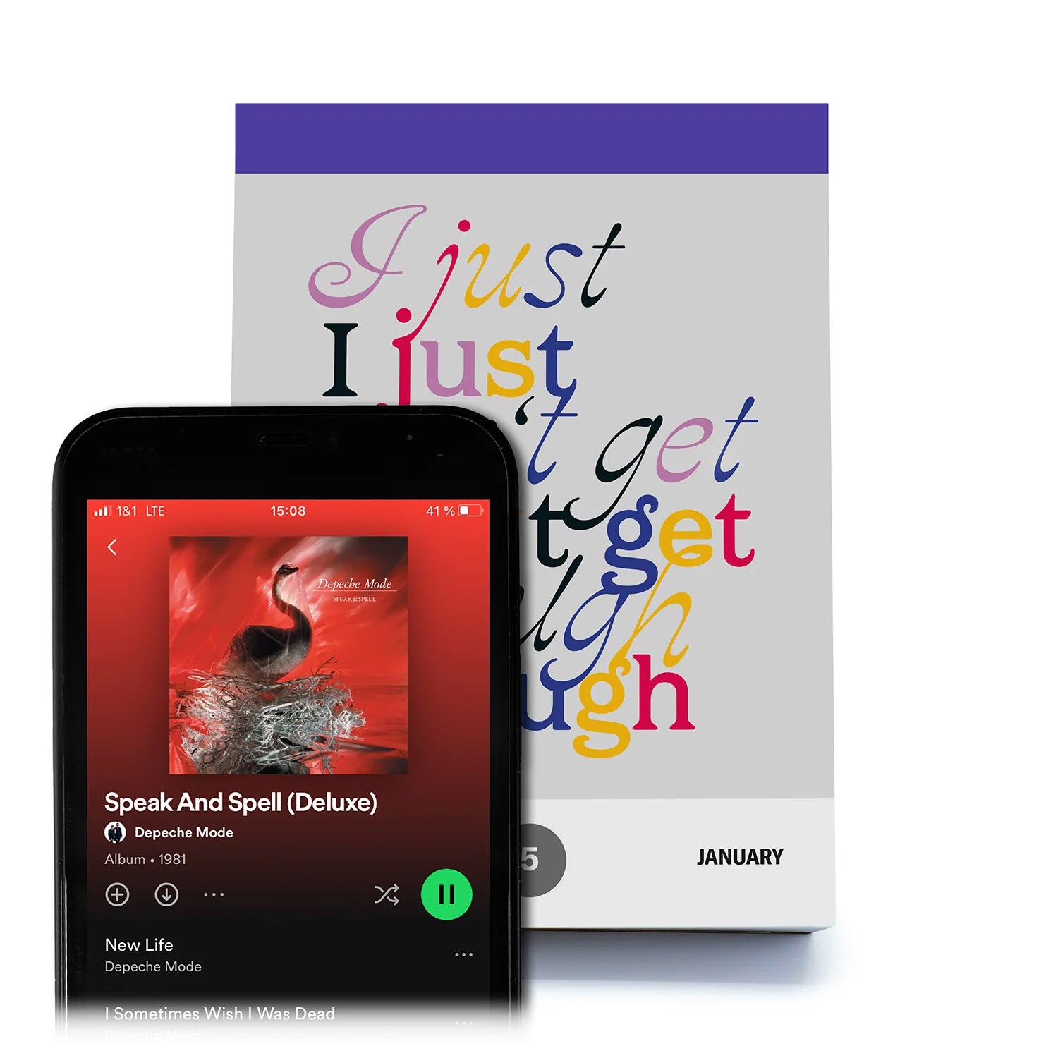 Scheurkalender Songspiration│Songteksten│art. 978-3-949070-17-4│I just can't get enough met Spotiy op telefoon