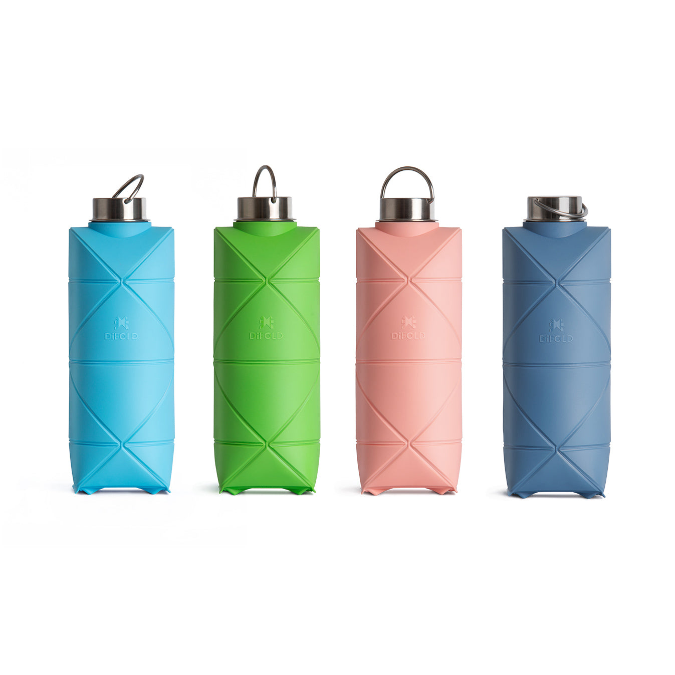Difold Origami Waterfles Pink Win│art. DFOB25/750PINK│4 kleuren op een rij opengevouwen