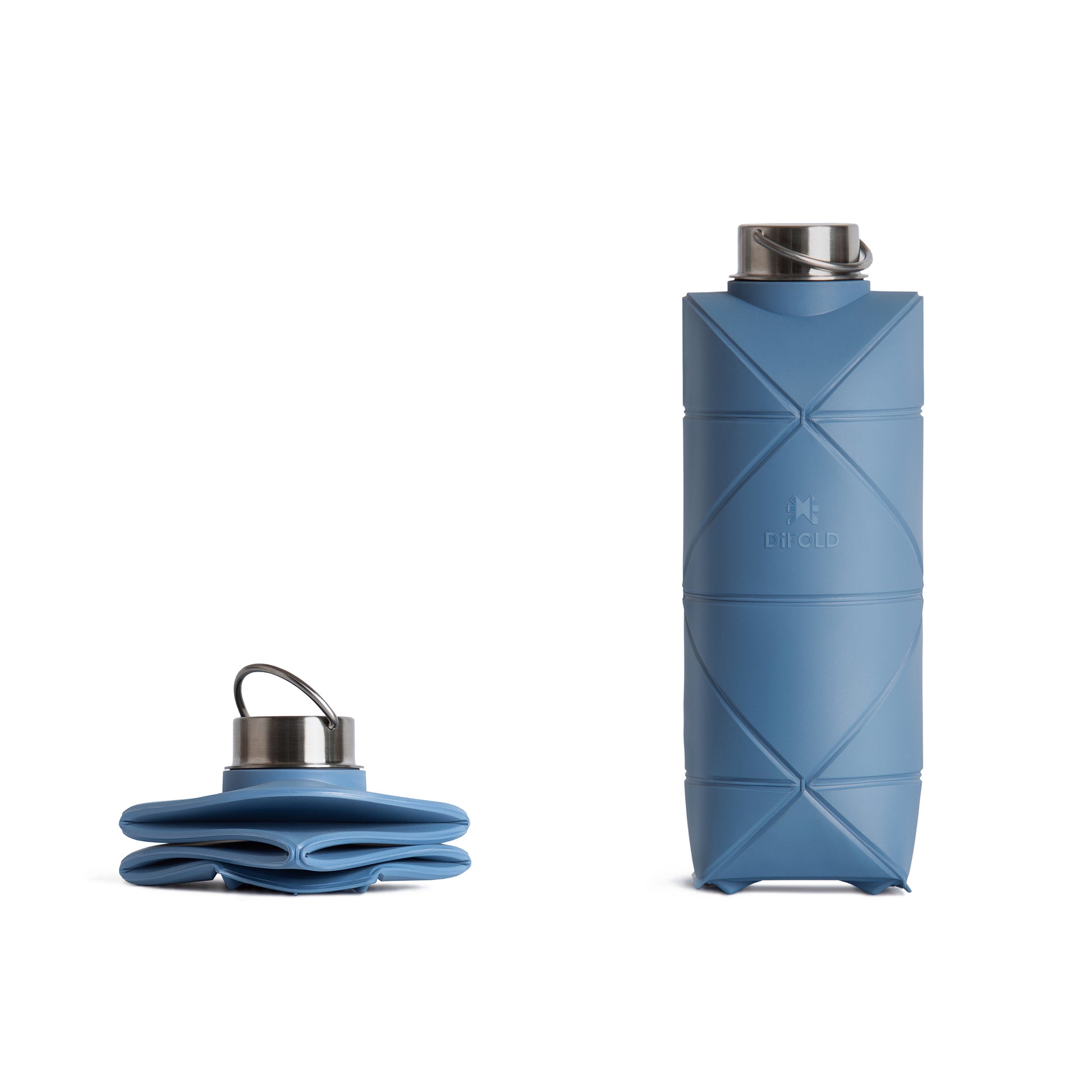 Difold Origami Waterfles Sleek Bue│art. DFOB25/750GSLBL│vooraanzicht geopoend en gevouwen met witte achtergrond