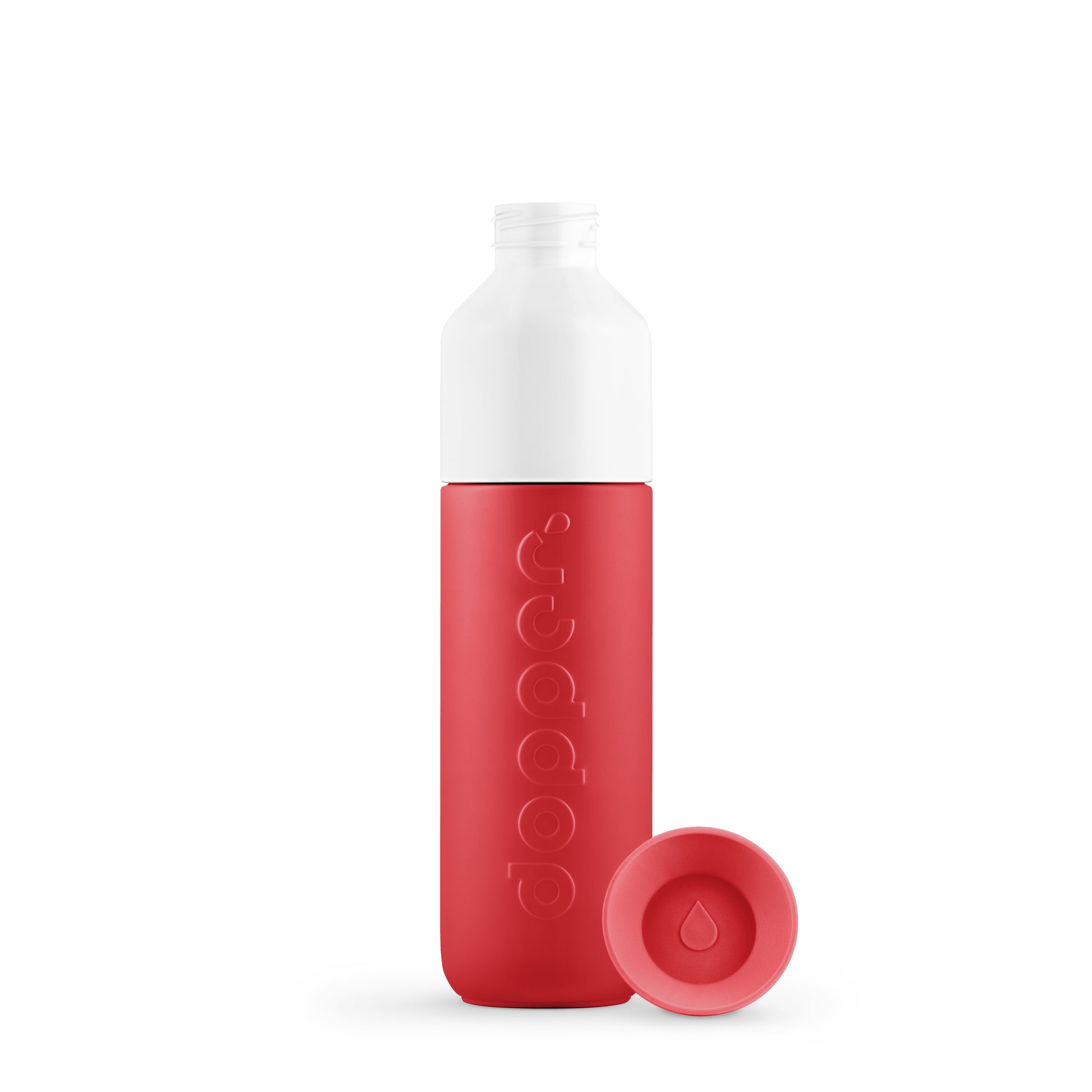 Dopper Insulated Small Deep Coral│Thermosfles 350ml Rood│art. 5272│voorkant met dop los naast fles