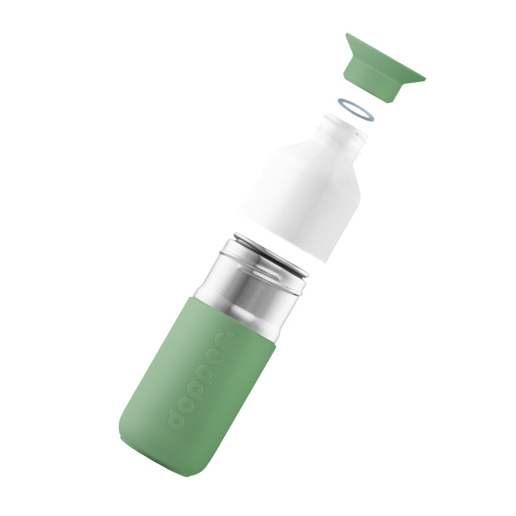 Dopper Steel Fresh Green│Drinkfles 350ml│art 7337│losse onderdelen zwevend boven elkaar