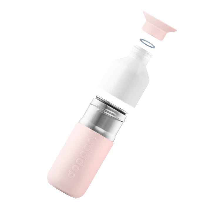 Dopper Steel Soft Pink│Waterfles 350 ml│art. 7283│losse onderdelen zwevend boven elkaar
