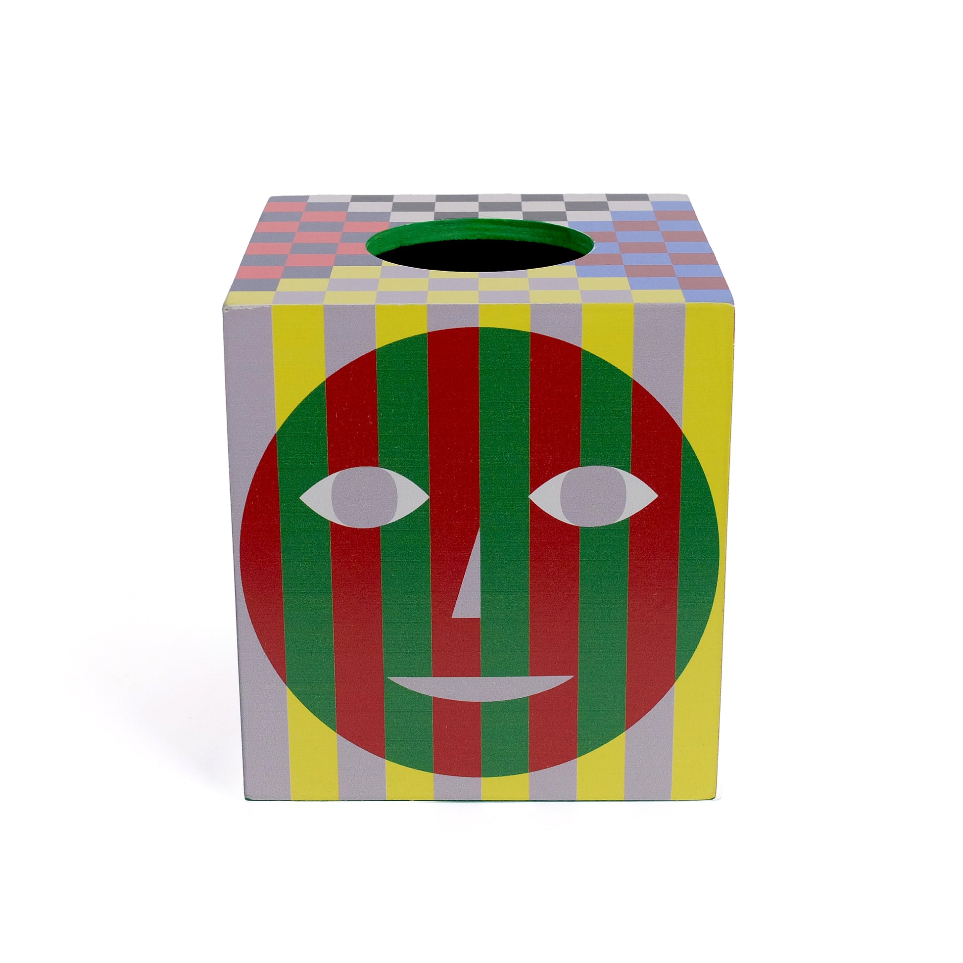 Everybody Tissue Box Holder│Dusen Dusen│Areaware│art. DDHETB│zijkant gezicht geel grijs groen stone