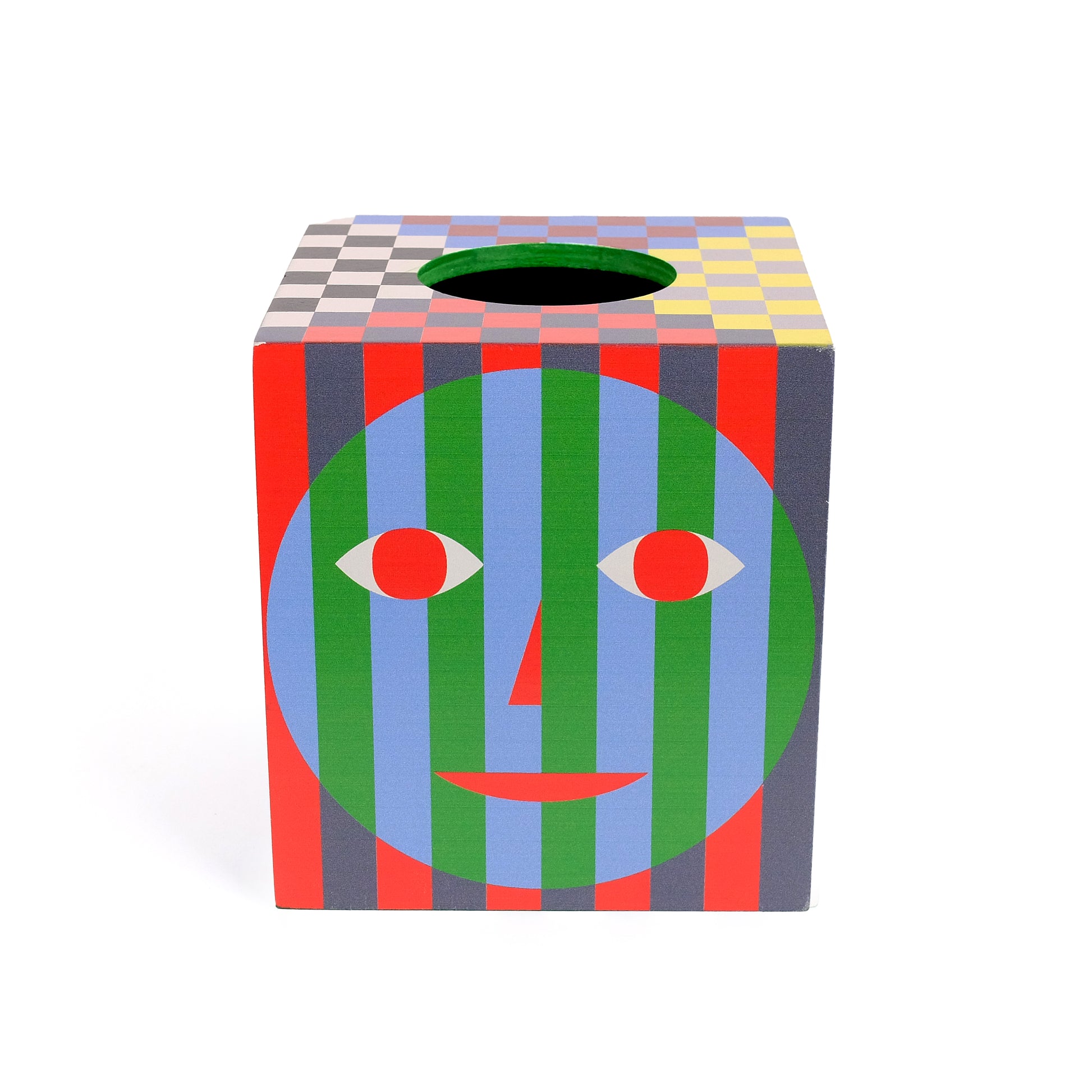 Everybody Tissue Box Holder│Dusen Dusen│Areaware│art. DDHETB│zijkant gezicht grijs rood groen en lichtblauw