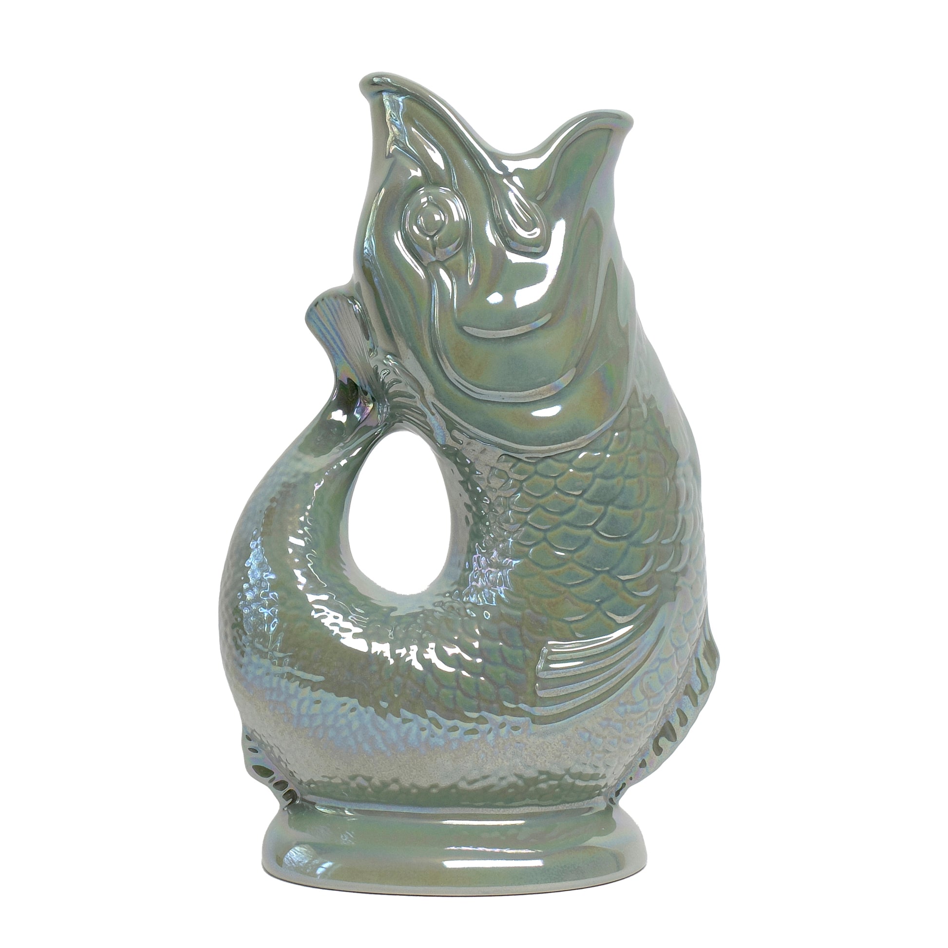 Gluckigluck Waterkaraf Lustre Edition Sage│Guggle Jug Vis│art. G31155/SAGEL/W│achterkant met witte achtergrond