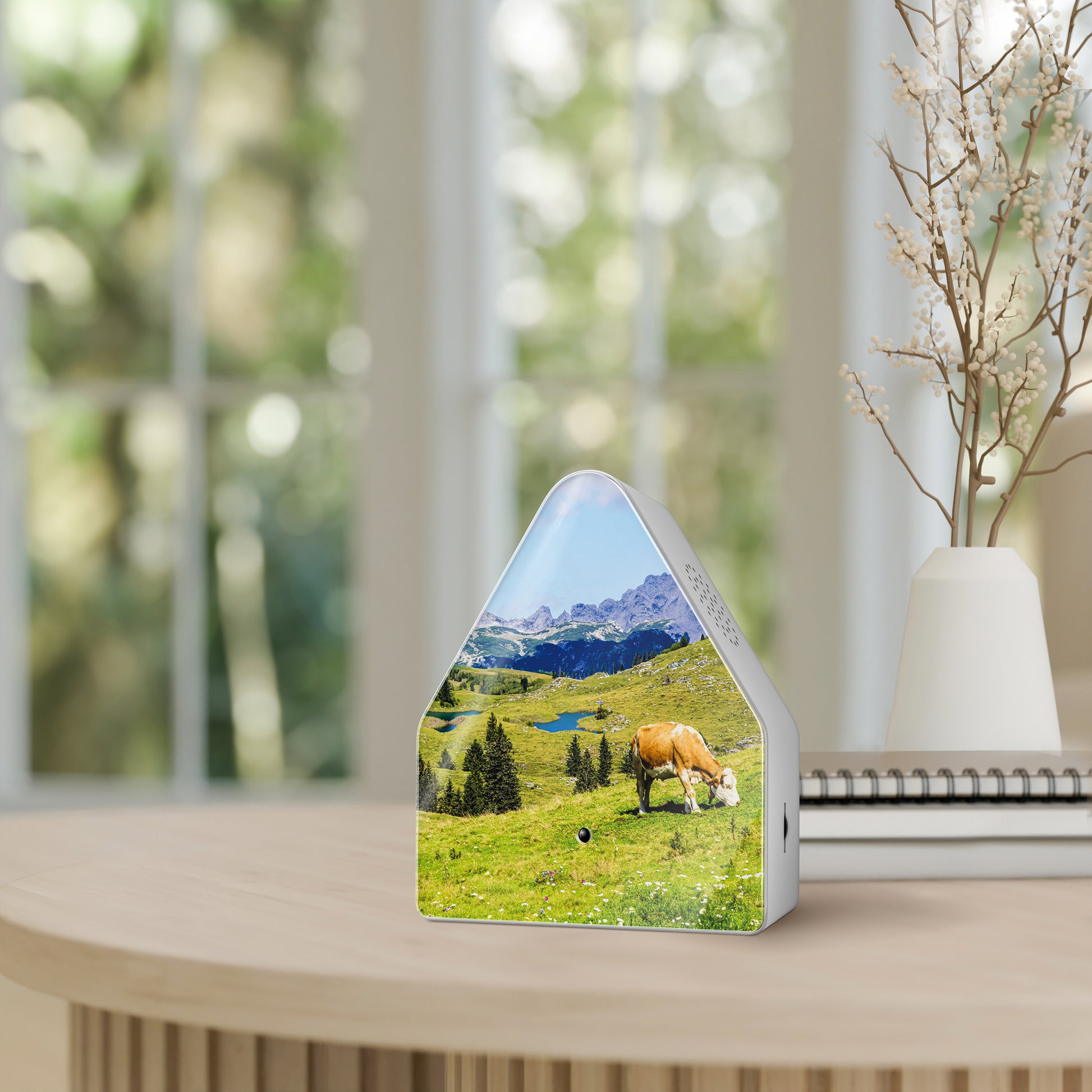 Heidibox Alpenweide│Huisje met Alpengeluiden│art. 11HBX0701001│op houten tafel naast vaas
