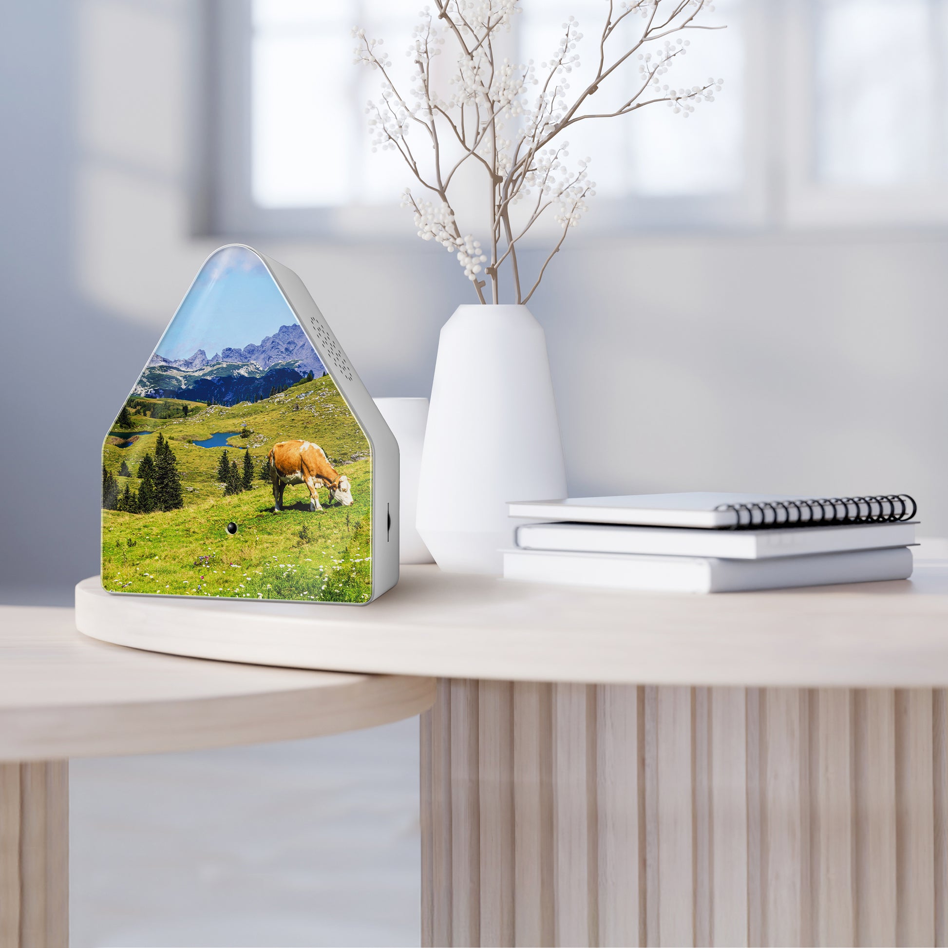Heidibox Alpenweide│Huisje met Alpengeluiden│art. 11HBX0701001│op dubbel houten tafel met vaas en boeken