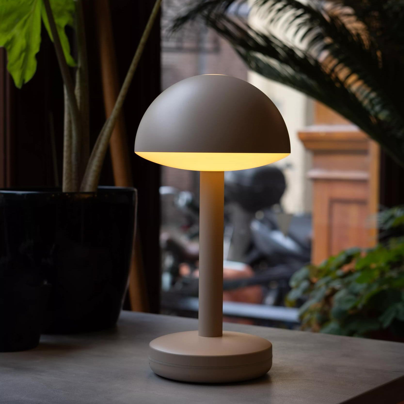 Humble Bug Oplaadbare Tafellamp Beige│Op tafel naast planten met licht aan│art. HUMTL00302
