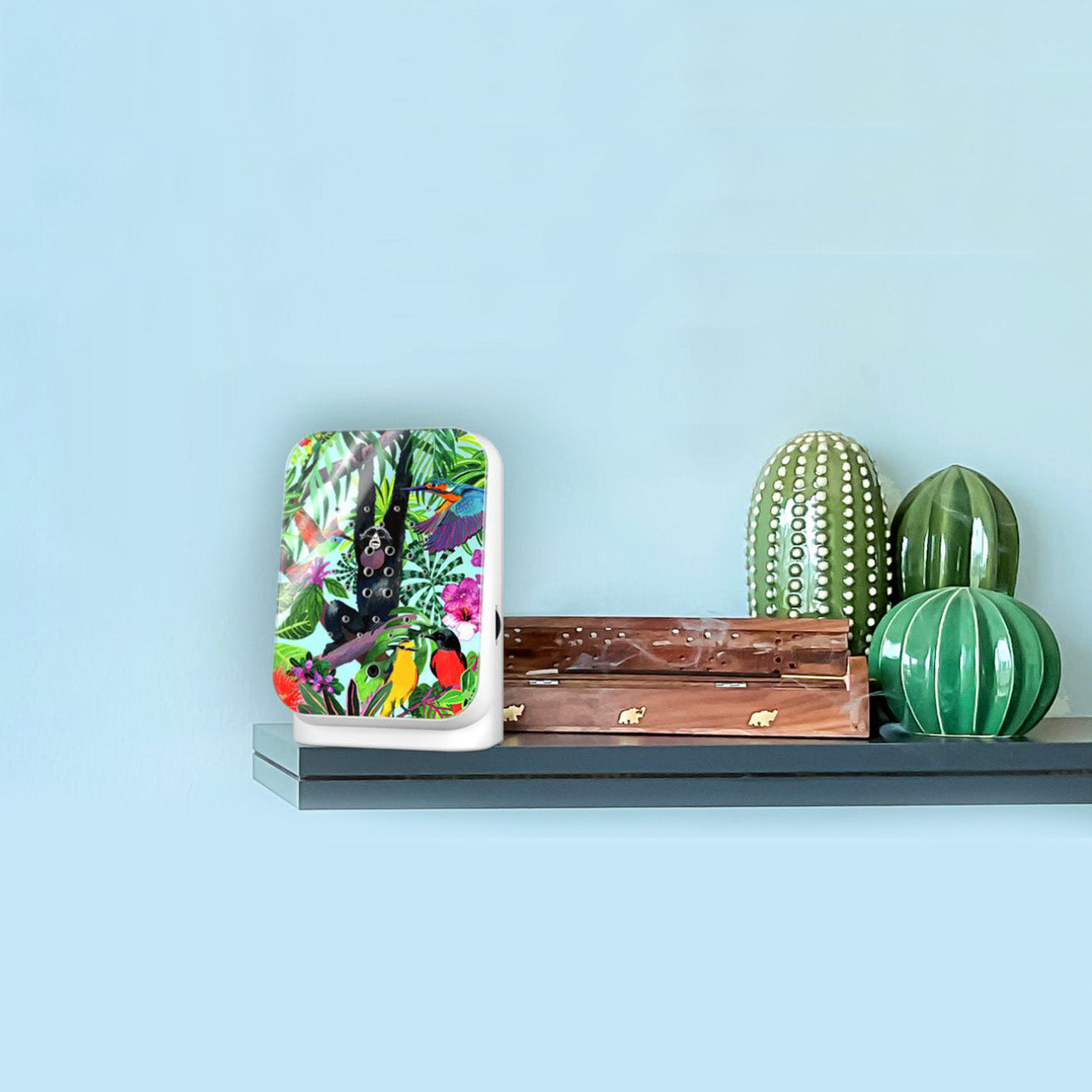 Junglebox Tropic Relaxound│Oerwoudgeluiden│art. 11JGL0701001│op plank naast houten doos en aardwerk cactussen