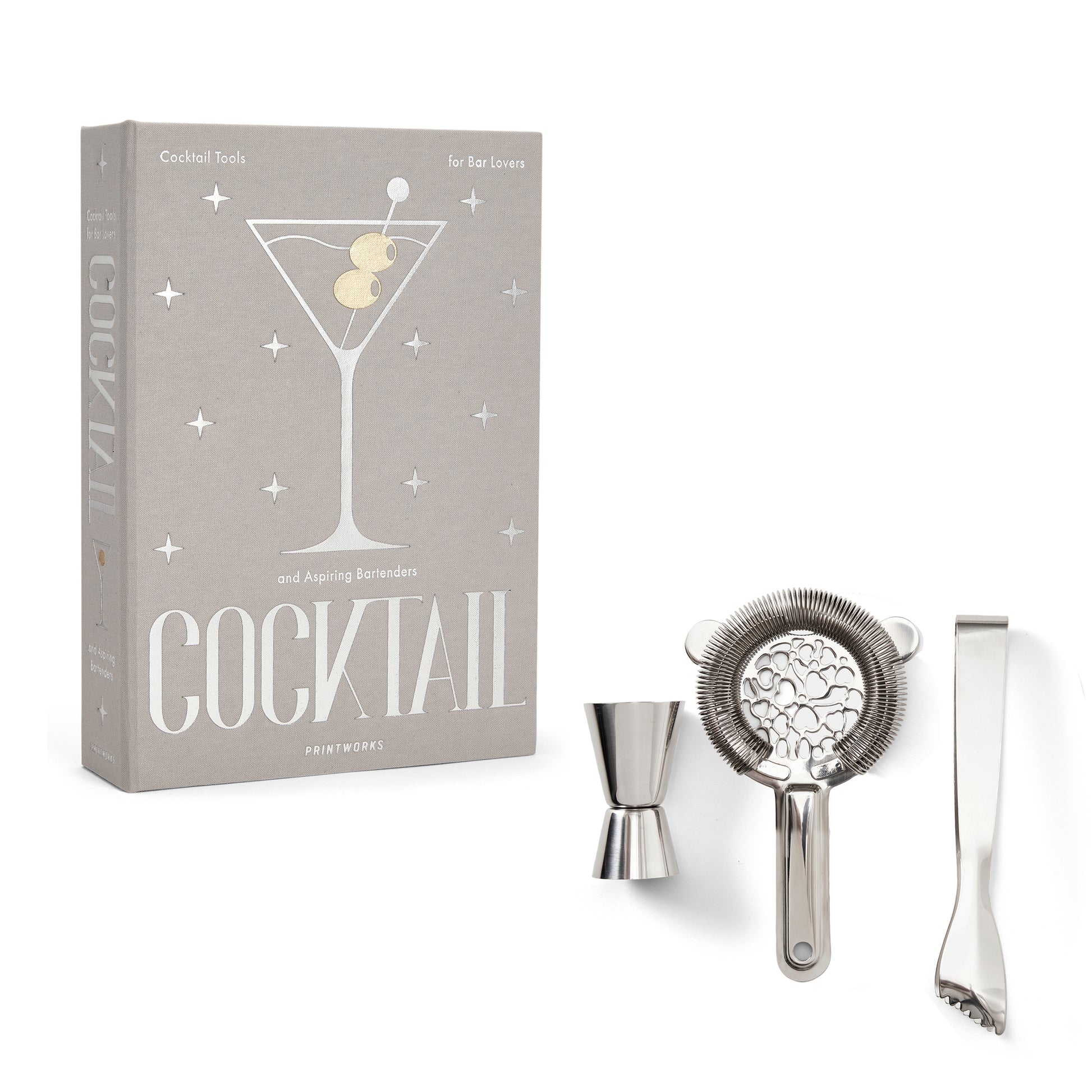 Cocktail Tools - The Essentials│Printworks│art. PW00628│staand met losse onderdelen naast boek