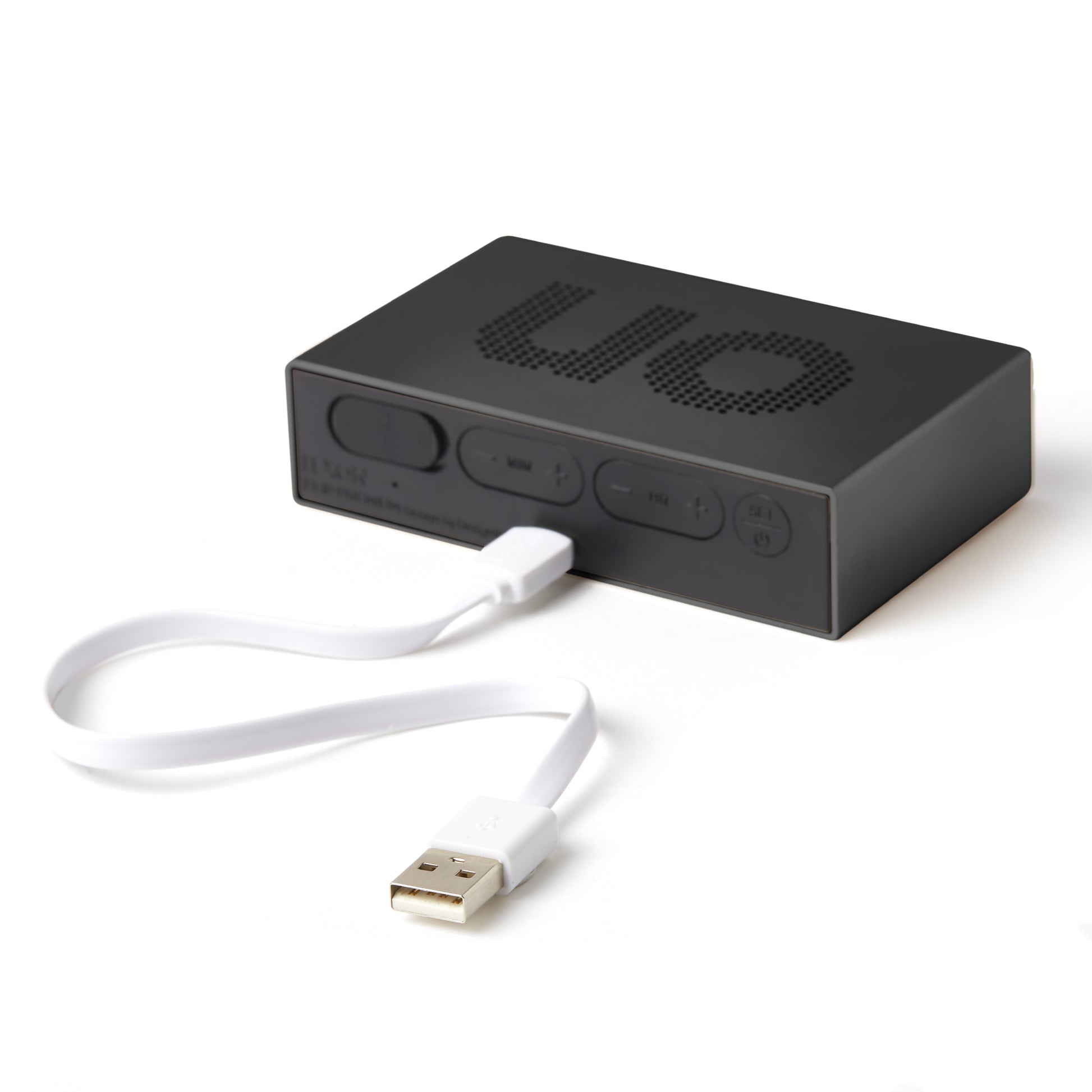 Lexon Flip Premium Wekker Zwart│Art. LR152N│achterkant met USB-kabel
