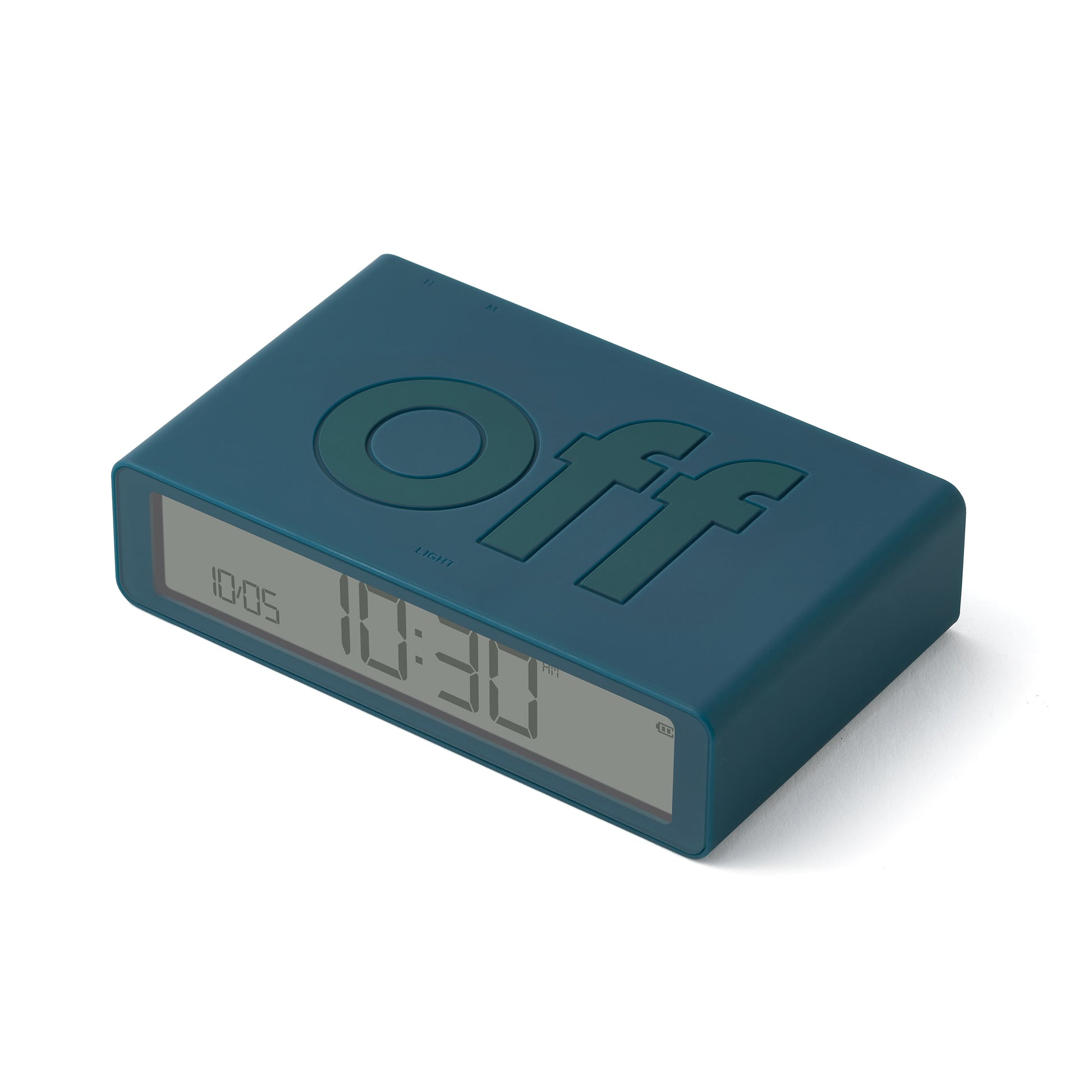 Lexon Flip+ Wekker Duck Blue│art. LR157BF9│bovenaanzicht schuin met scherm uit en OFF-teken boven