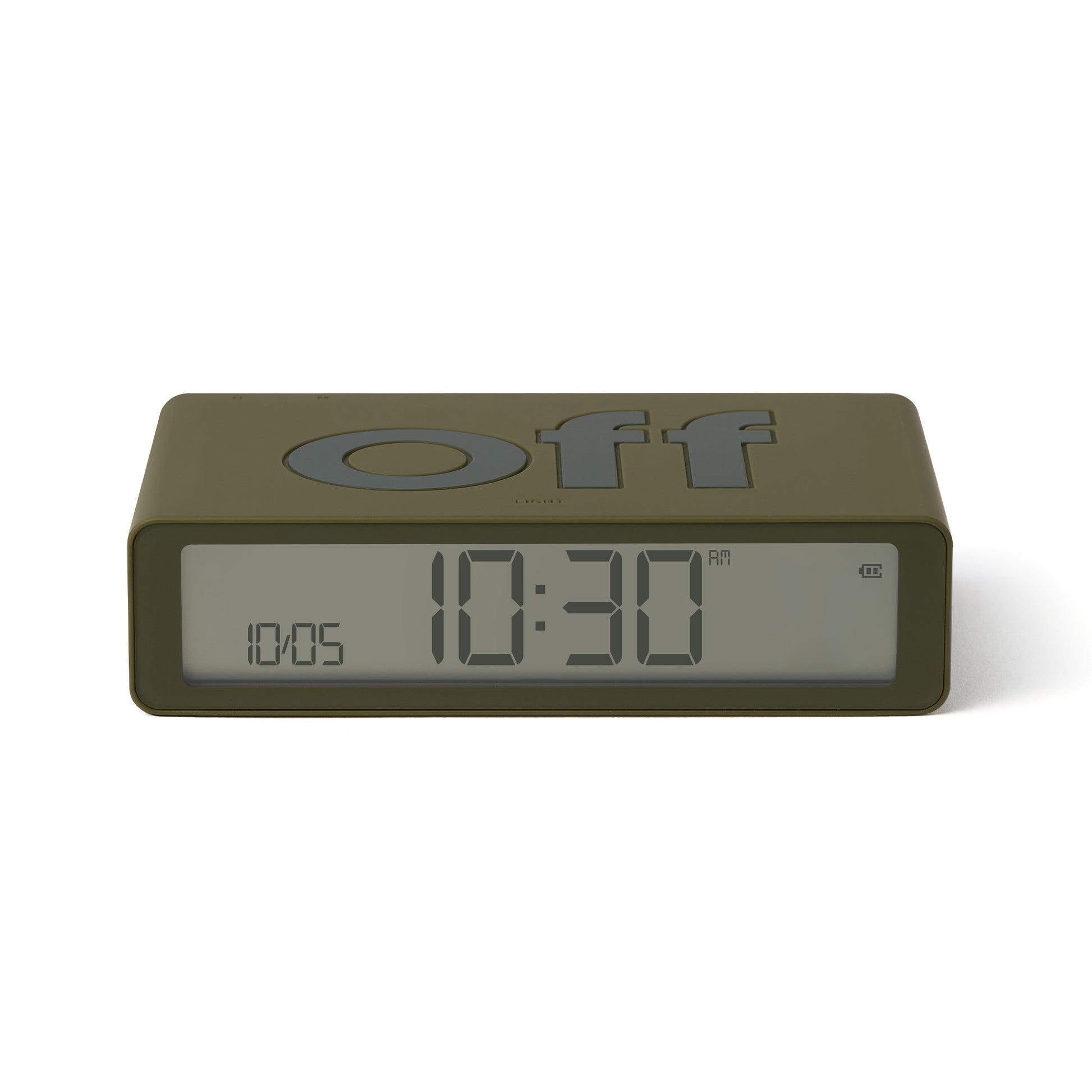 Lexon Flip+ Wekker Khaki│art. LR157K9│vooraanzicht met verlichting uit en OFF-teken boven