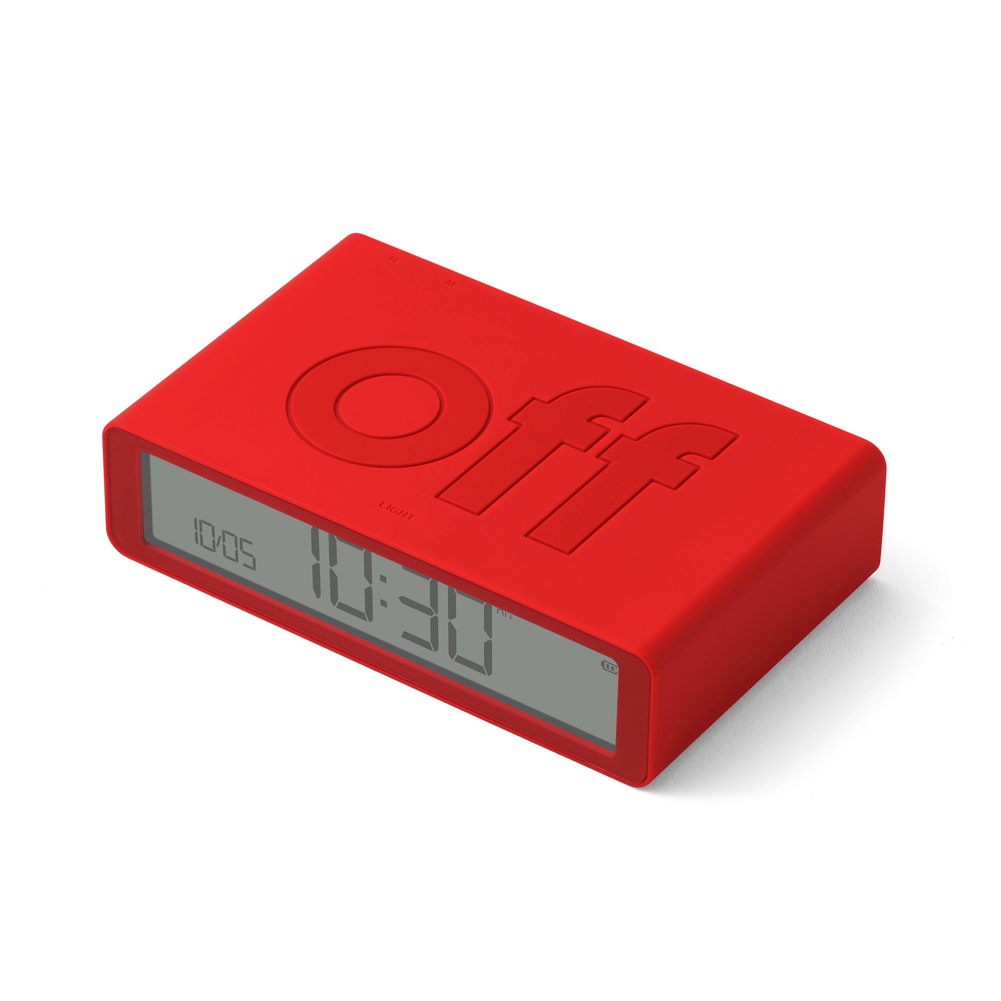 Lexon Flip+ Wekker Digitaal Rood│art. LR57R9│bovenaanzicht wchuin met OFF-teken boven
