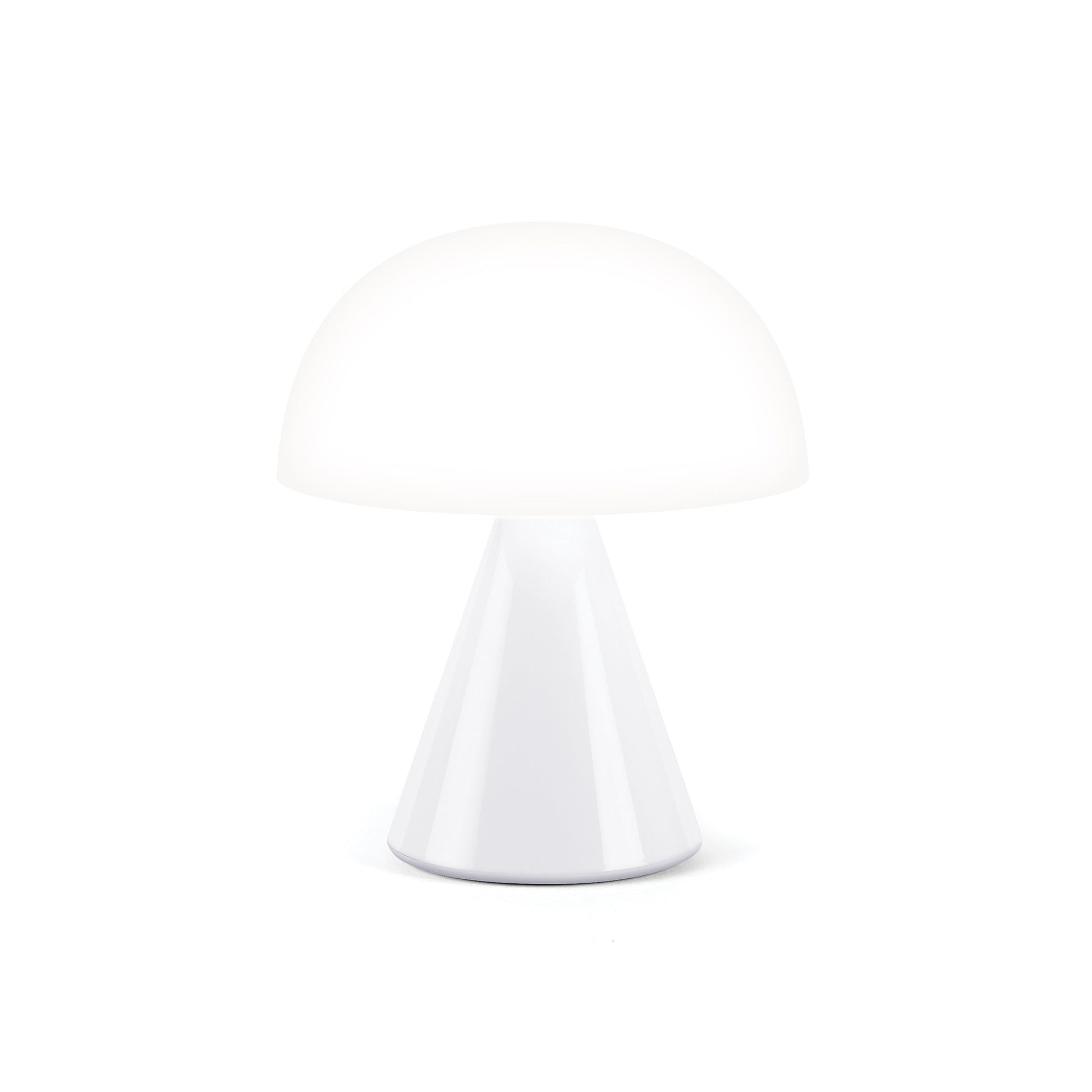 Lexon Mina Medium Glossy White│Oplaadbare LED-Lamp│art. LH64WG│vooraanzicht met wit licht aan