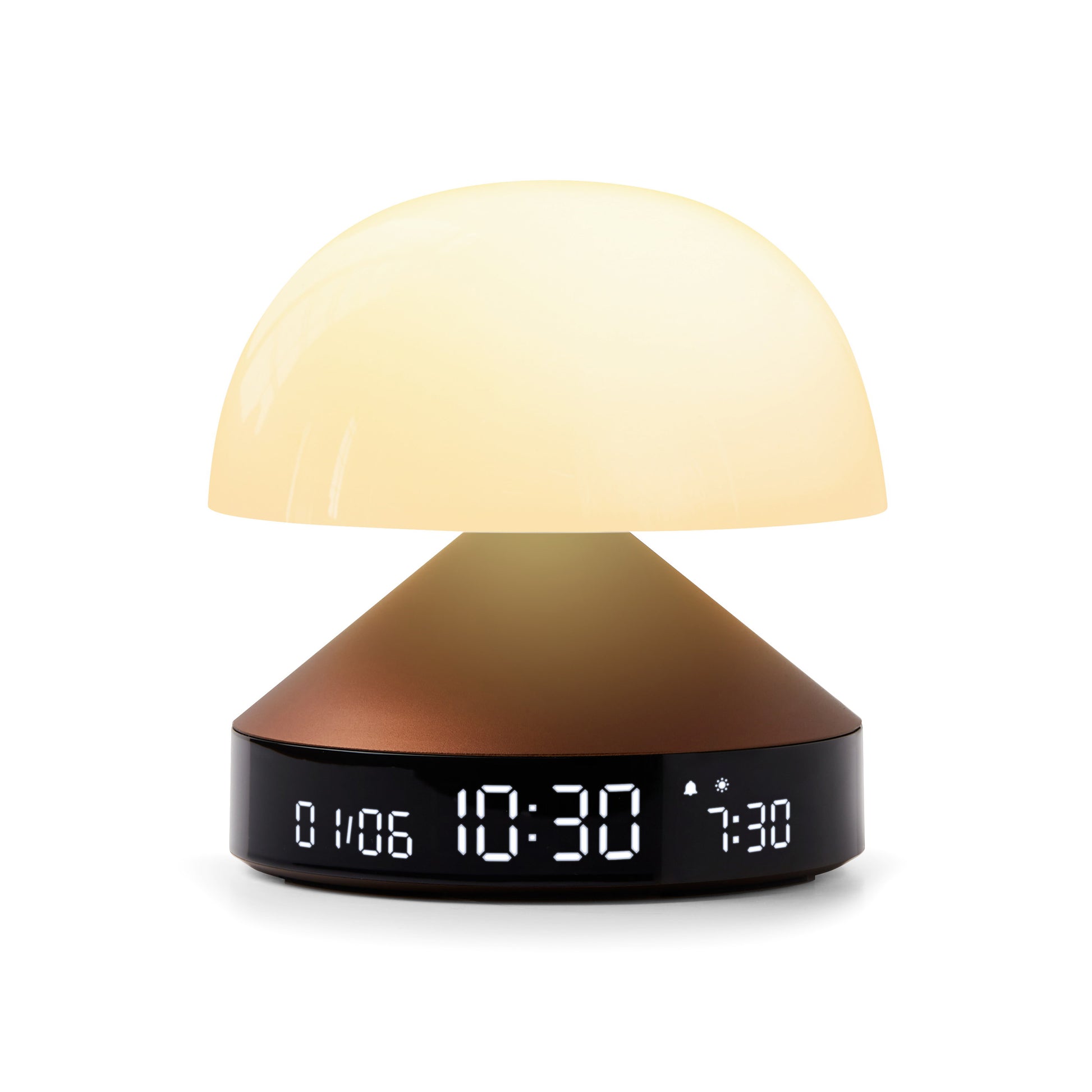 Lexon Mina Sunrise Wekker│Wake-Up Light Bronze│art. LR153BZ│voorkant witte achtergrond met warm licht aan