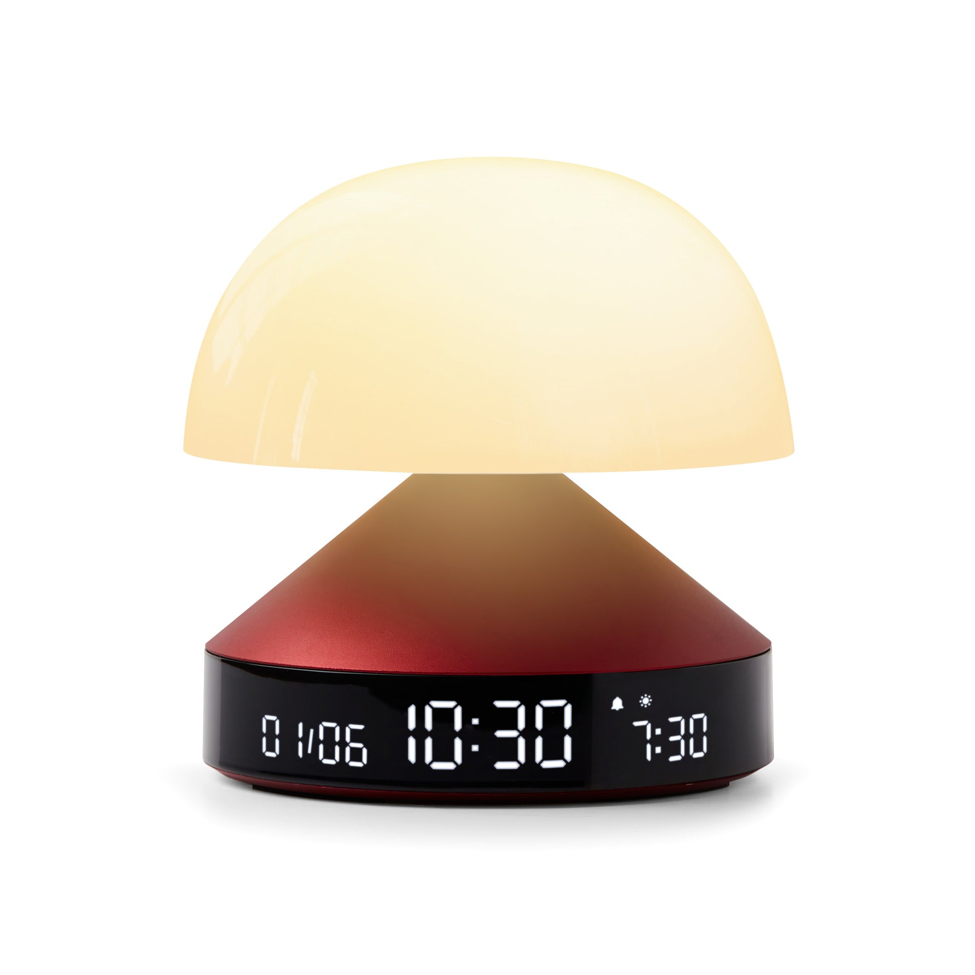 Lexon Mina Sunrise Wekker Donkerrood│Wake-up Light│art. LR153DR│voorkant witte achtergrond met warm licht aan