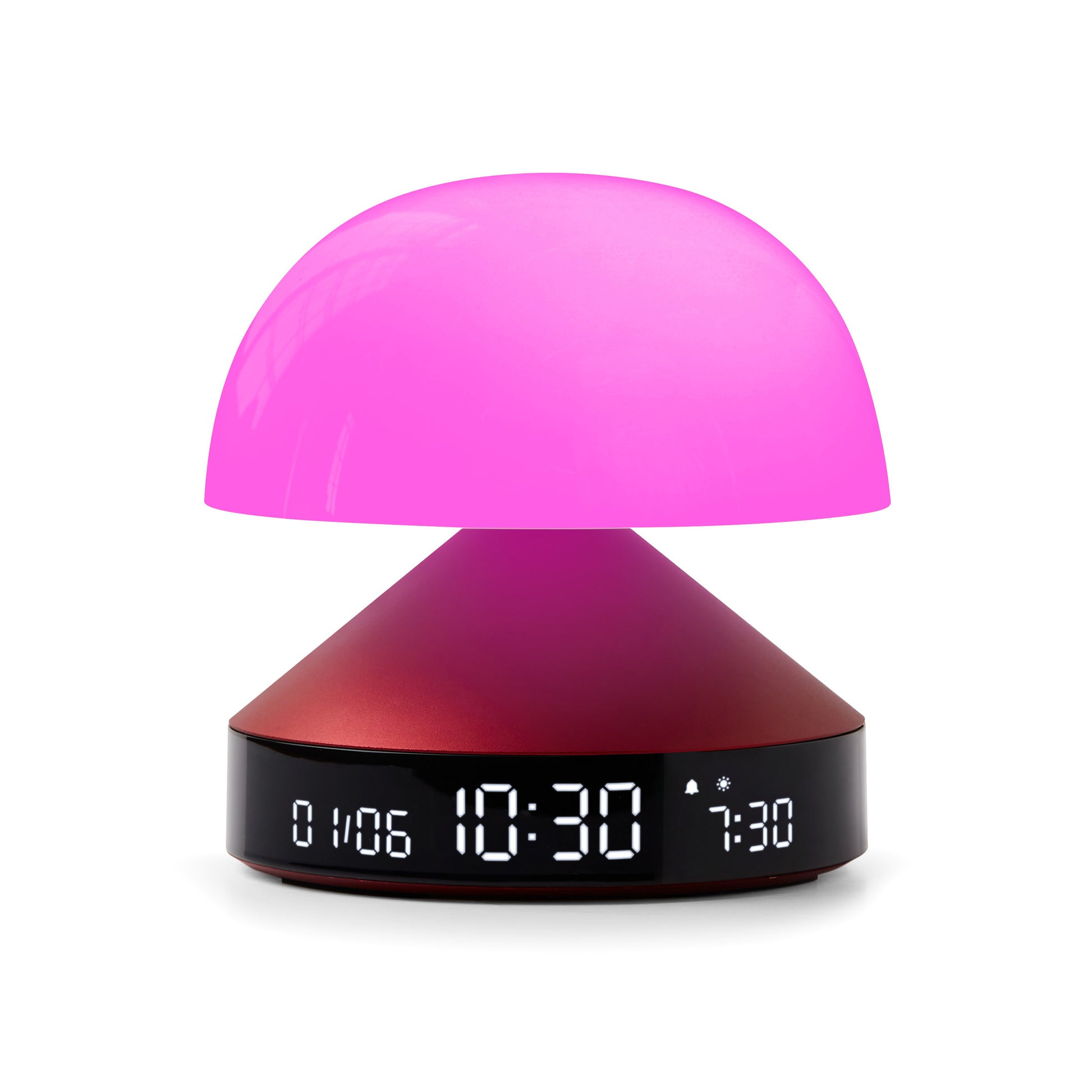 Lexon Mina Sunrise Wekker Donkerrood│Wake-up Light│art. LR153DR│voorkant met magenta licht aan