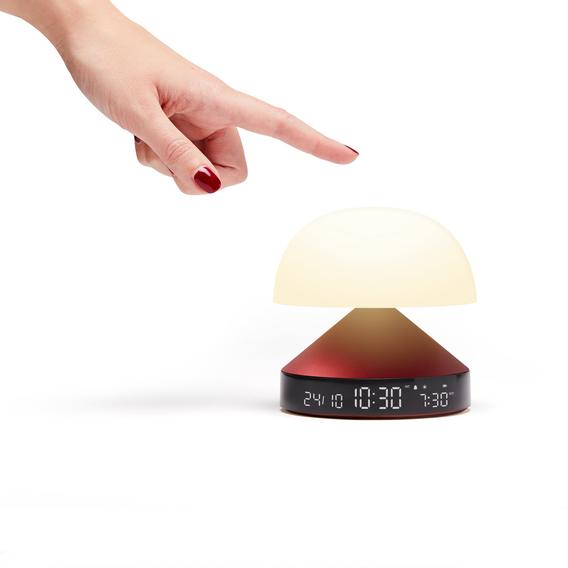 Lexon Mina Sunrise Wekker Donkerrood│Wake-up Light│art. LR153DR│met hand boven touchfunctie en licht aan