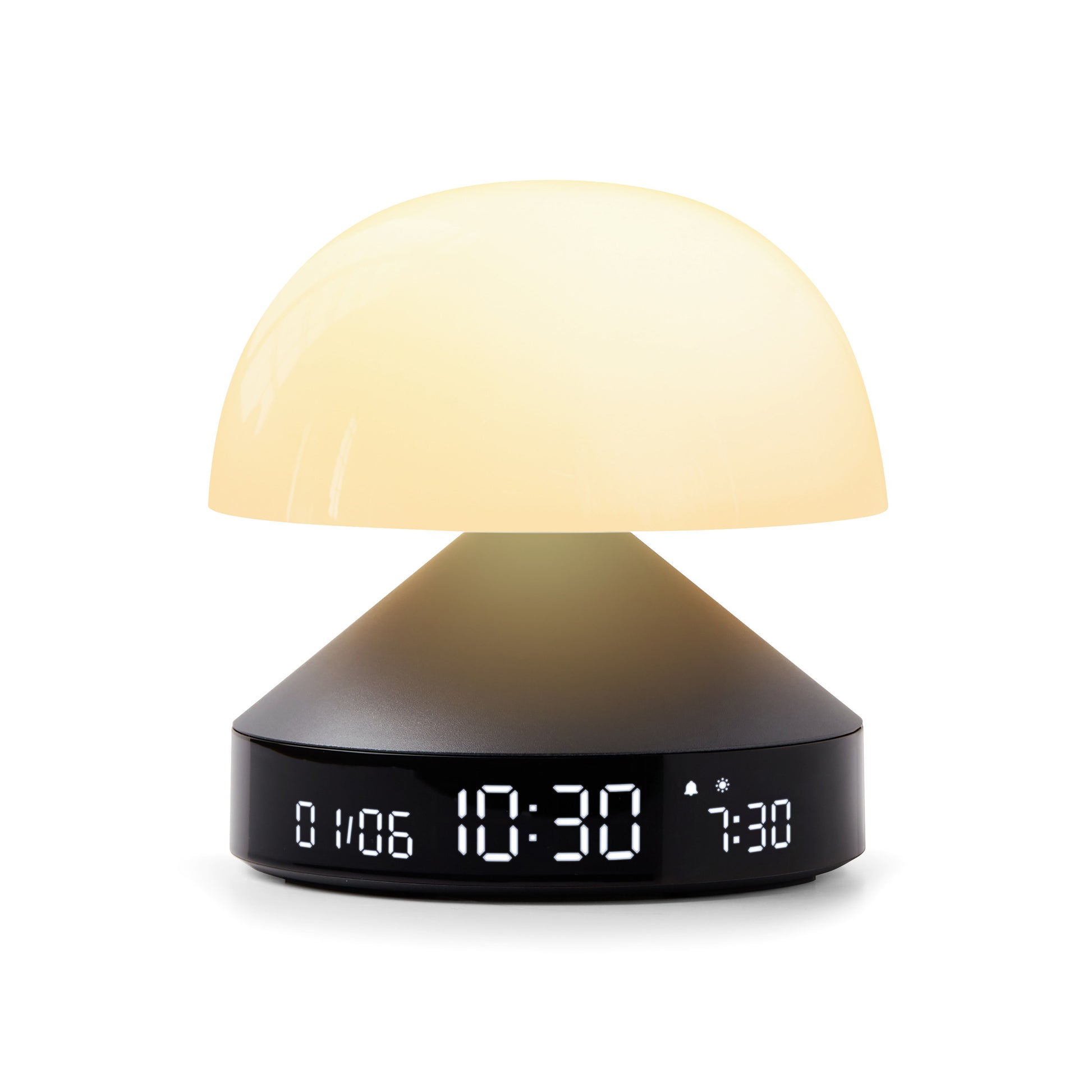 Lexon Mina Sunrise Gun Wekker│art. LR153MX│vooraanzicht warm wit licht met witte achtergrond