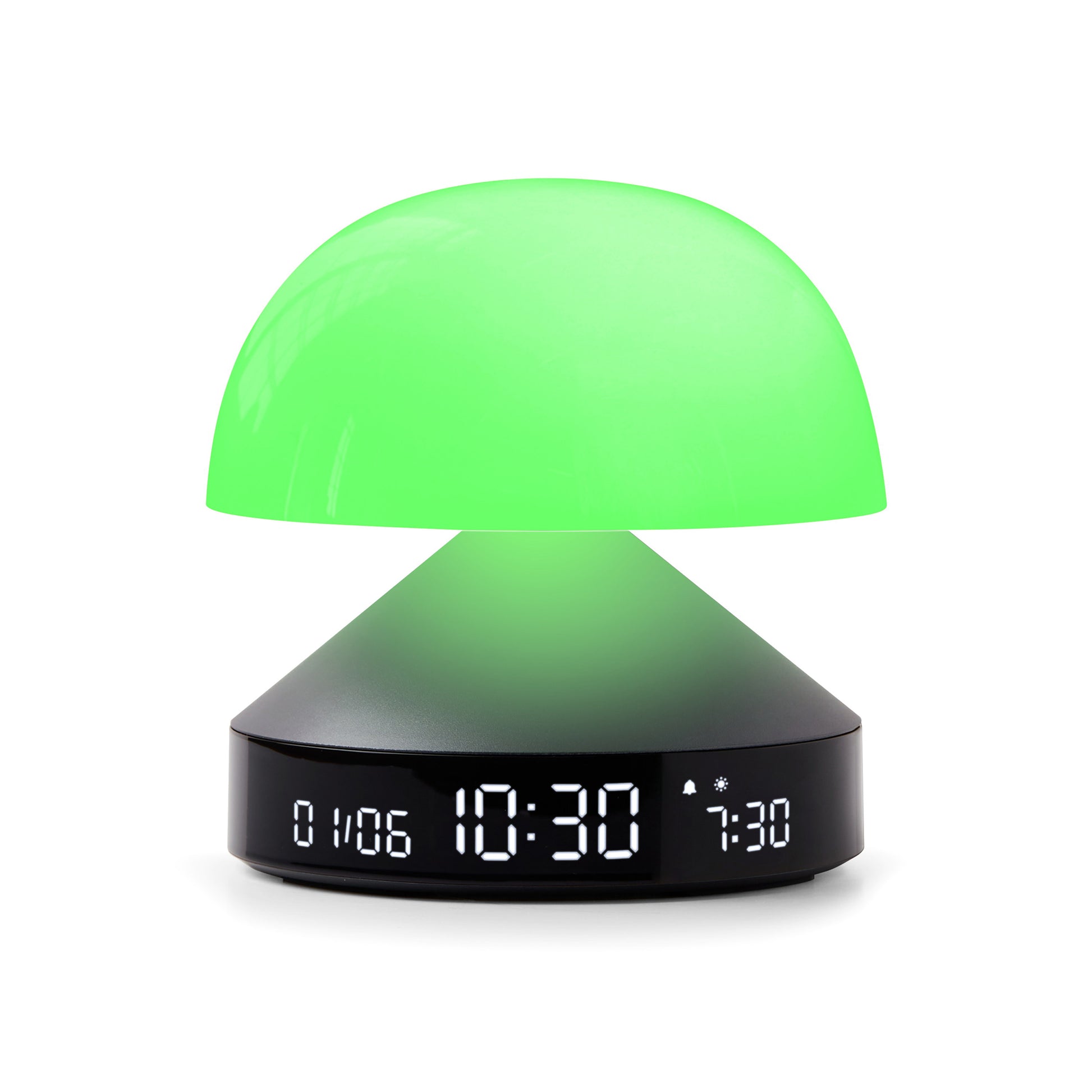Lexon Mina Sunrise Gun Wekker│art. LR153MX│vooraanzicht met groen licht aan