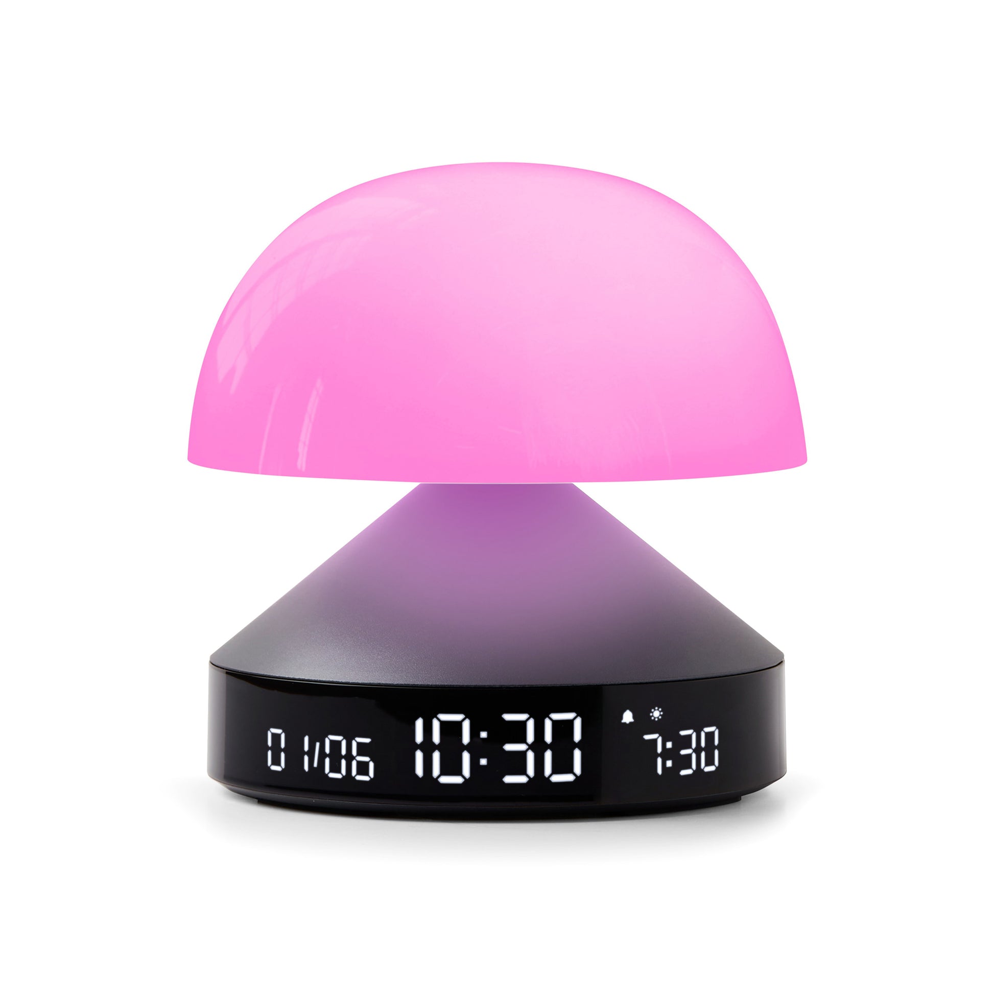 Lexon Mina Sunrise Gun Wekker│art. LR153MX│vooraanzicht met magenta licht aan