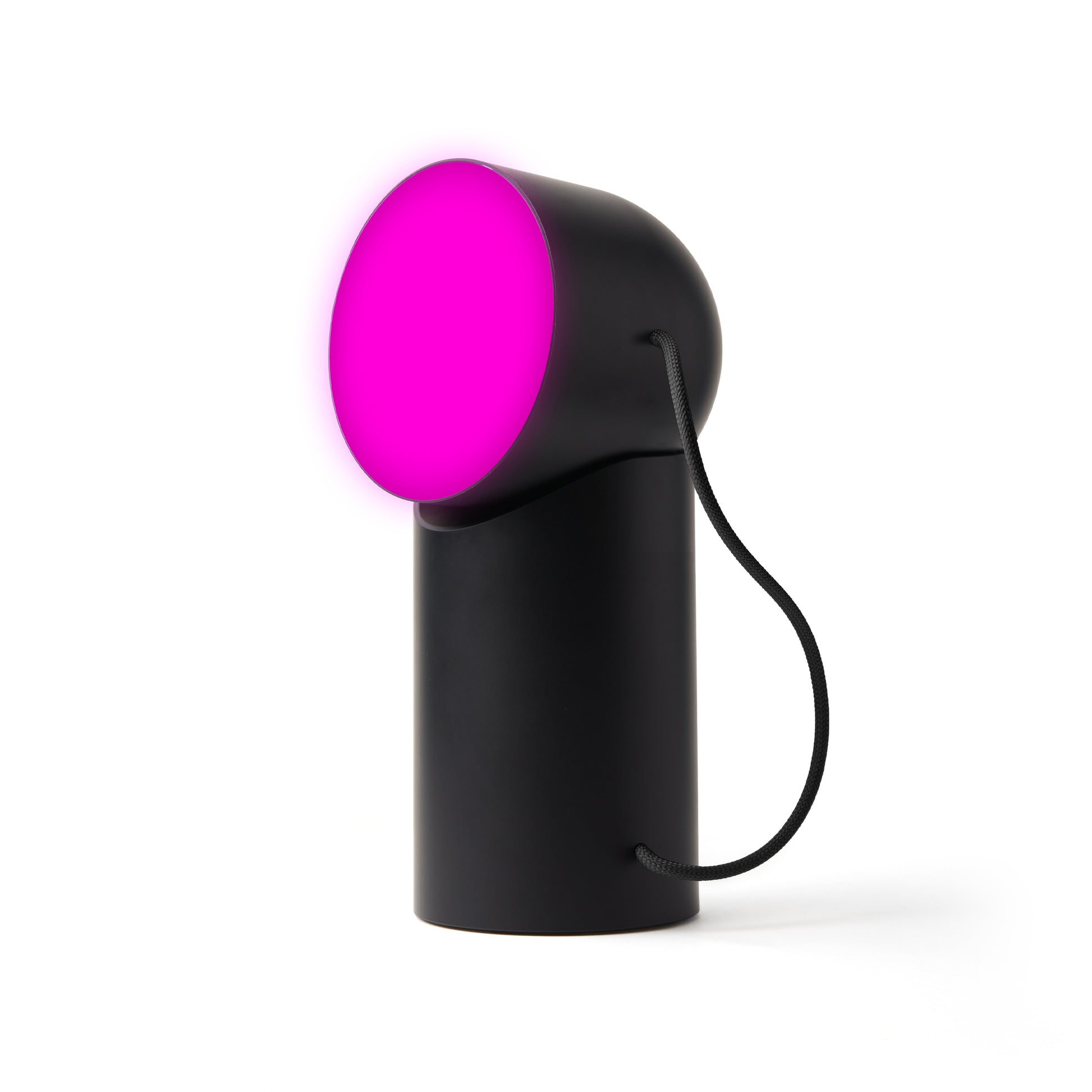 Lexon Orbe Zwart│Oplaadbare Tafellamp│art. LH88N│vooraanzicht met magenta licht