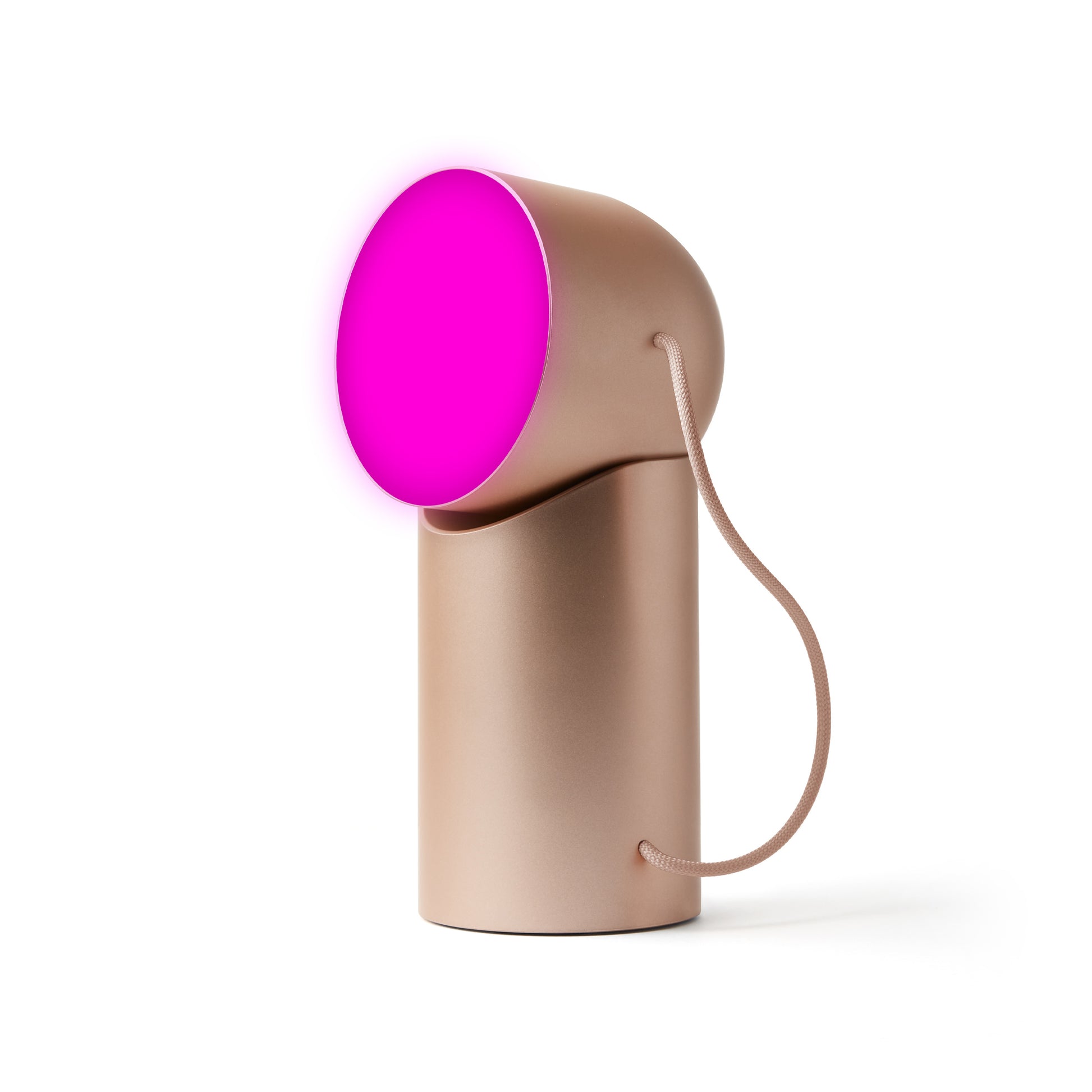 Lexon Orbe Goud│ Oplaadbare Tafellamp│art. LH88D│vooraanzicht met magenta licht aan