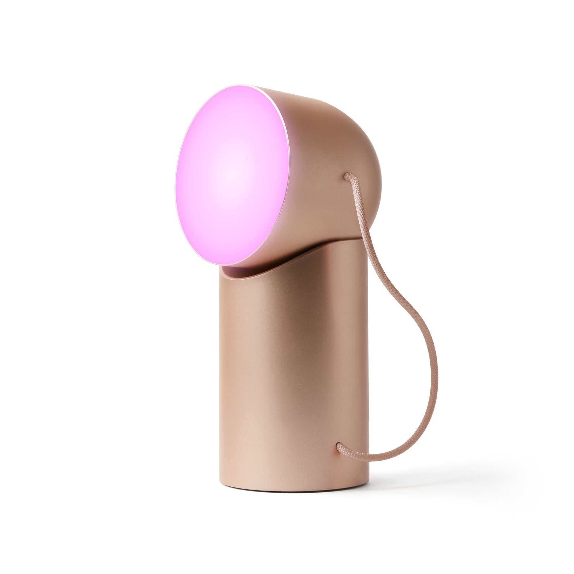 Lexon Orbe Goud│ Oplaadbare Tafellamp│art. LH88D│vooraanzicht met roze licht aan