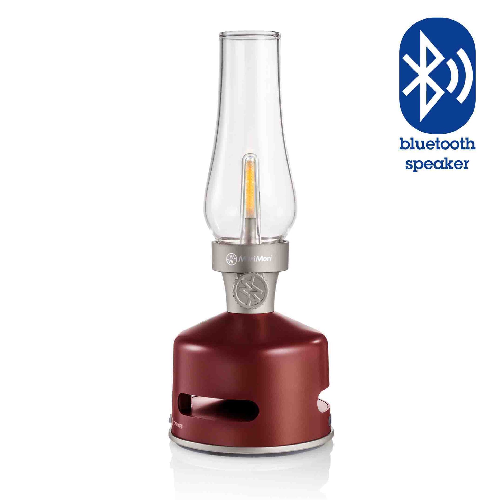 MoriMori LED-Lantern & Bluetooth Speaker Lumi Wine Red│Buitenverlichting│art. FLS-2012-SR│voorkant met witte achtergrond en Bluetooth Speaker teken