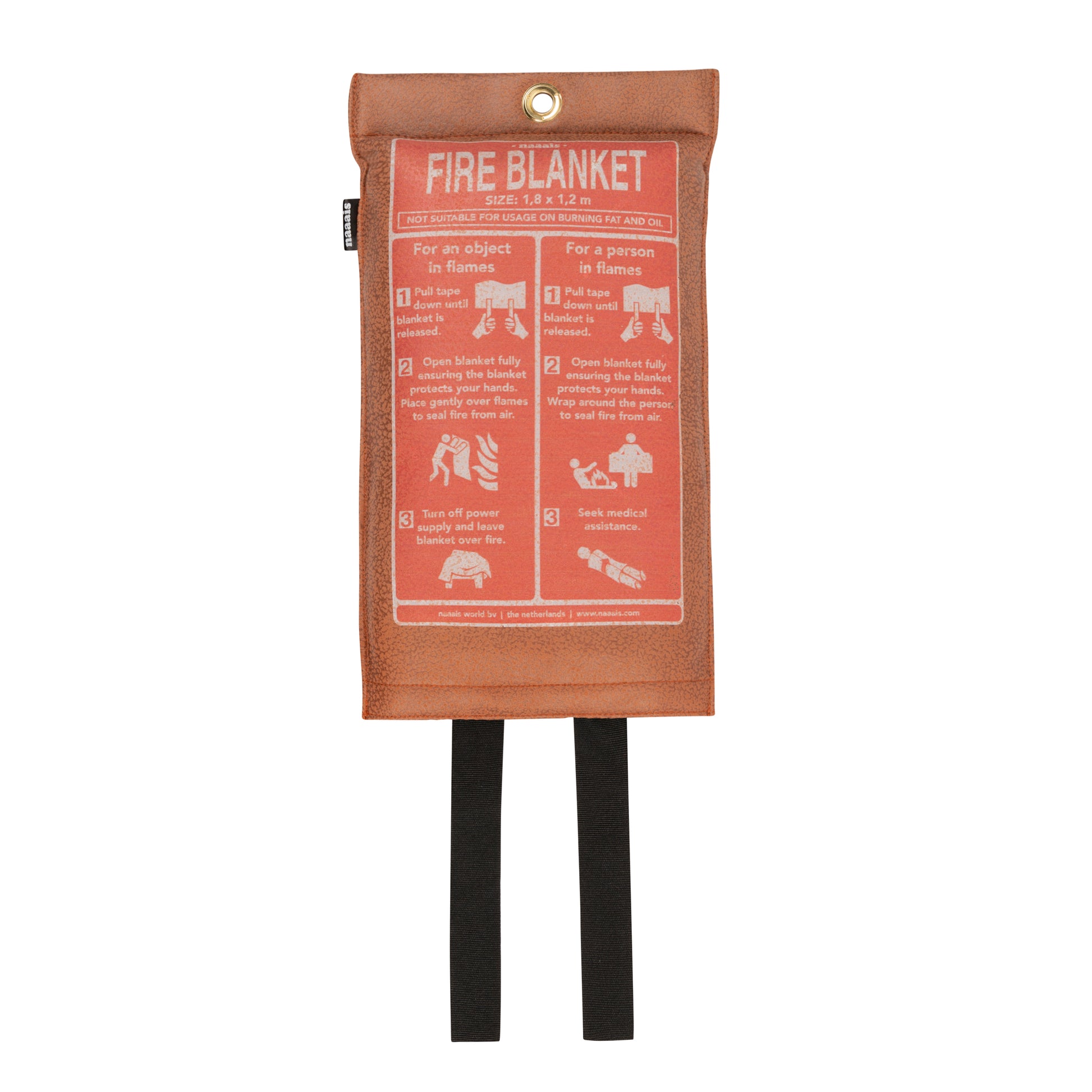 Blusdeken Vegan Cognac Naaais│Fire Blanket kunstleer│art. FB02COG│achterkant met gebruiksaanwijzing