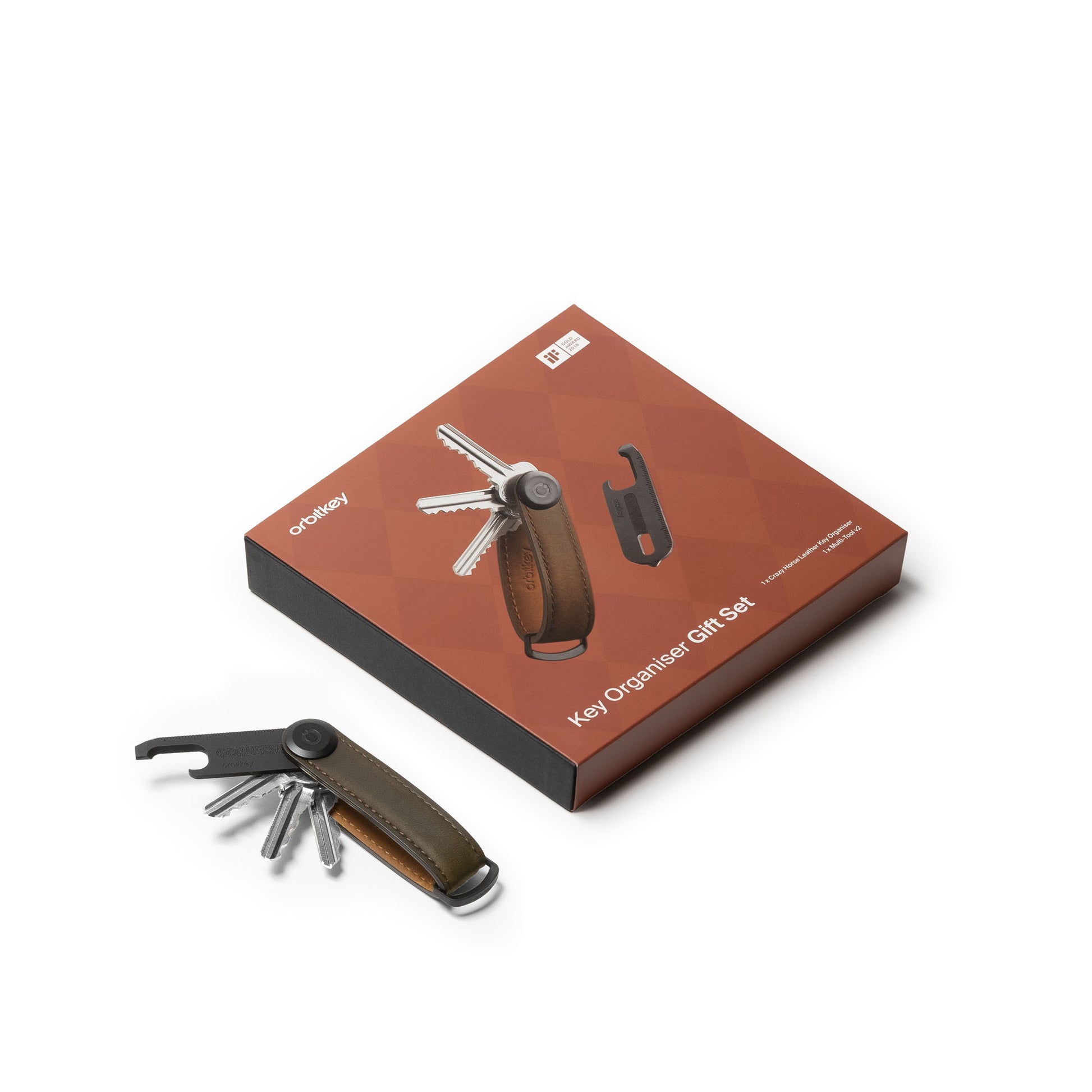 Orbitkey Gift Set Crazy Horse Oak-Brown+Multi-Tool│art. GCH2-OBR-201│met opengevouwen sleutels naast doos