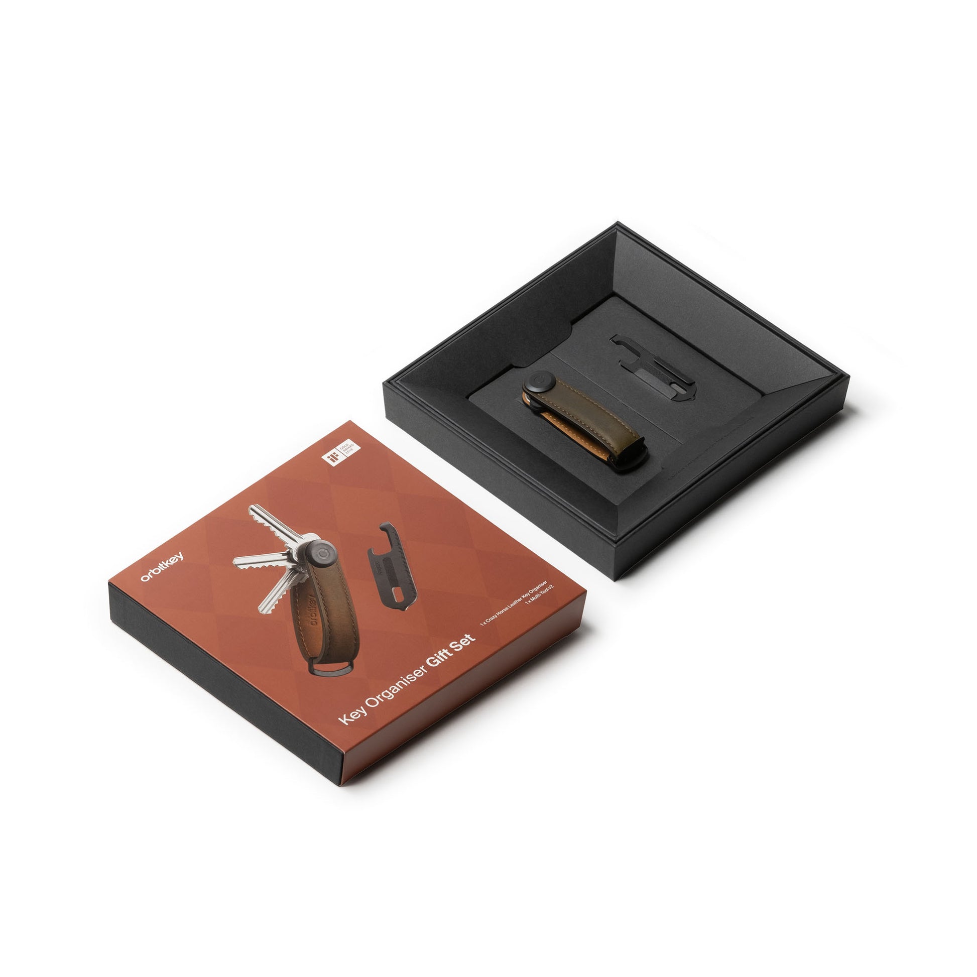 Orbitkey Gift Set Crazy Horse Oak-Brown+Multi-Tool│art. GCH2-OBR-201│geopende doos bovenaanzicht schuin