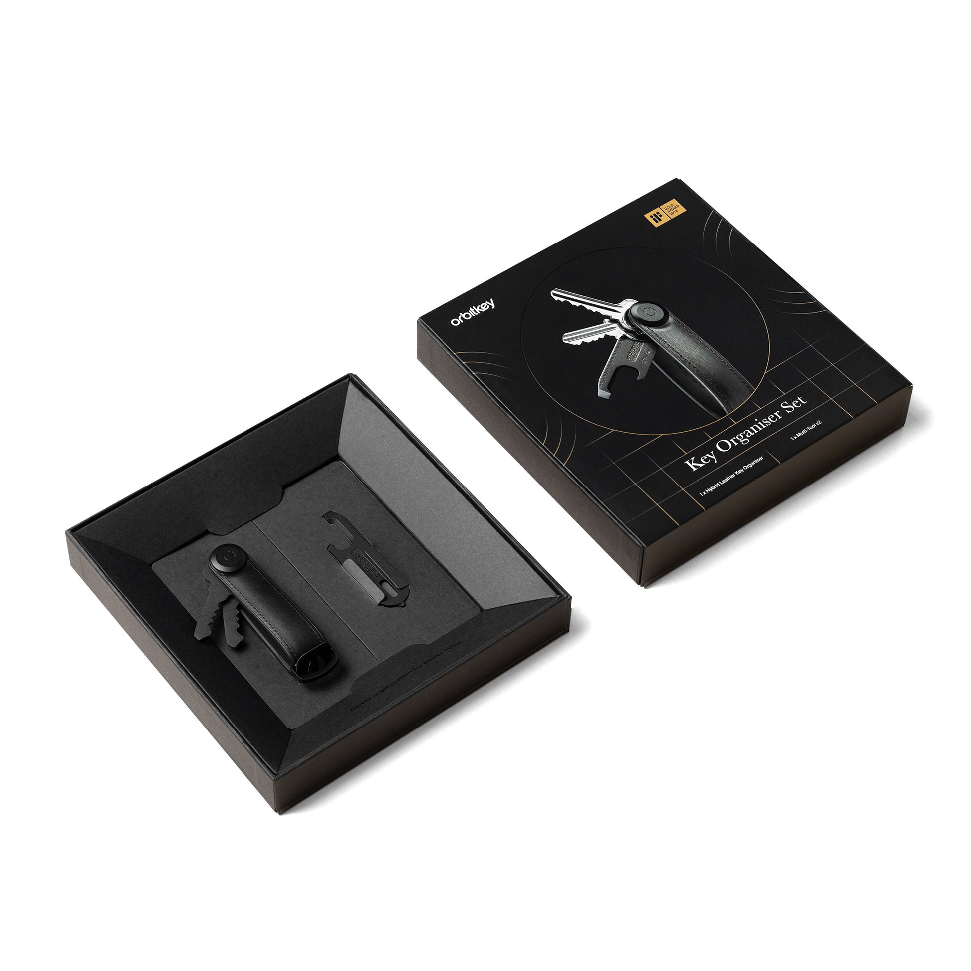 Orbitkey Gift Set Hybrid + Multitool Black│art. GHL3-BLK-201│geopende doos bovenaanzicht schuin