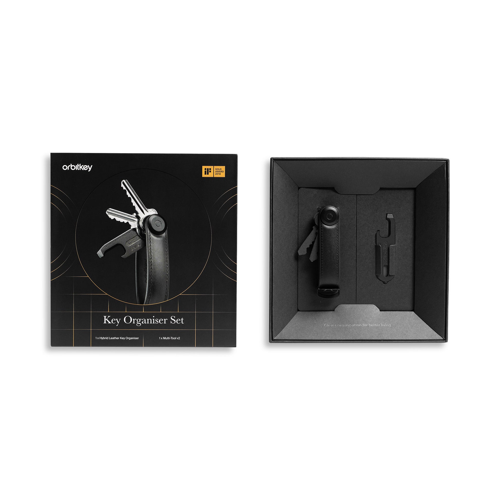 Orbitkey Gift Set Hybrid + Multitool Black│art. GHL3-BLK-201│bovenaanzicht doos met inhoud