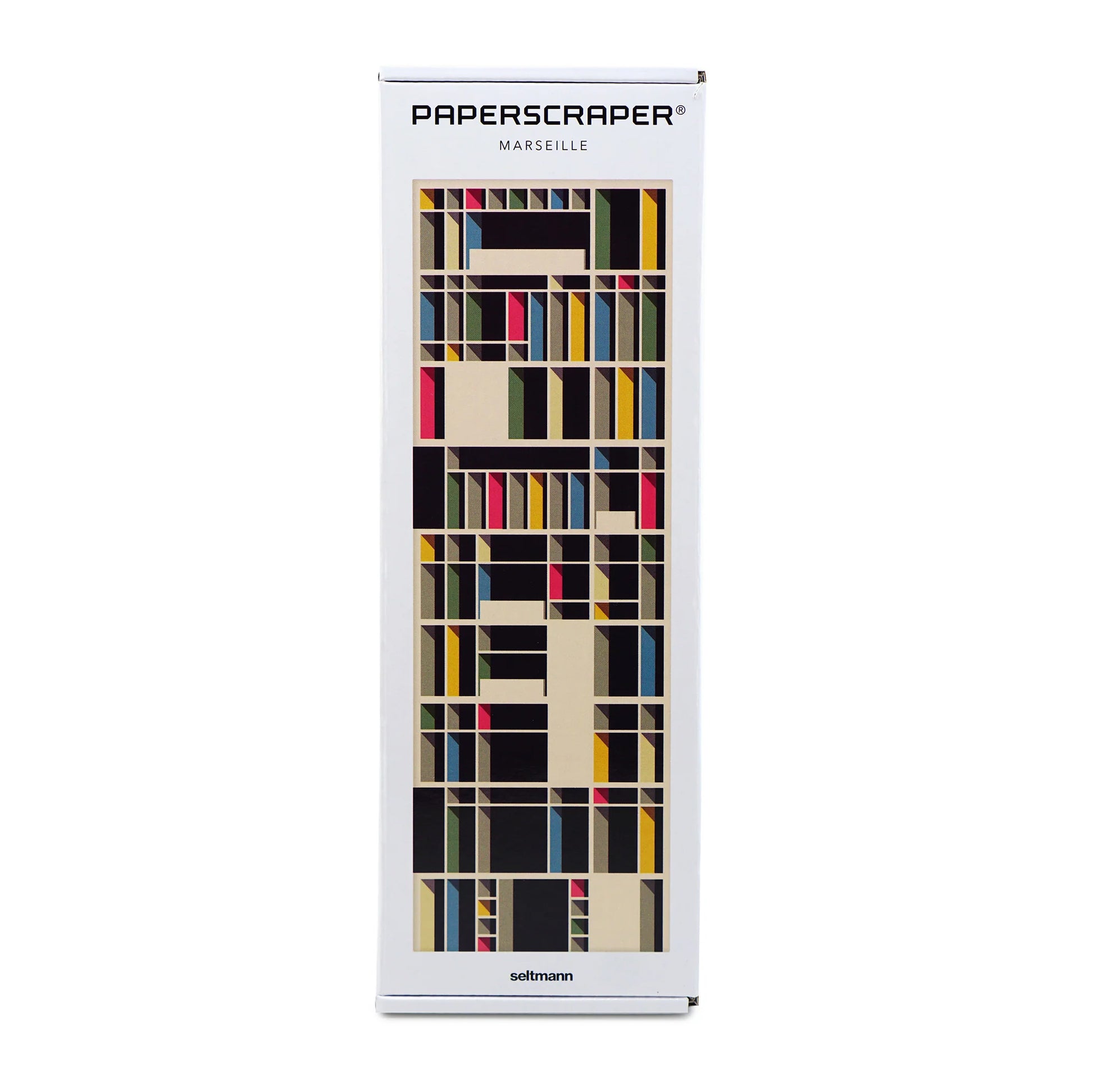 Paperscraper Marseille Memoblok│Le Corbusier│vooraanzicht in verpakking met witte achtergrond