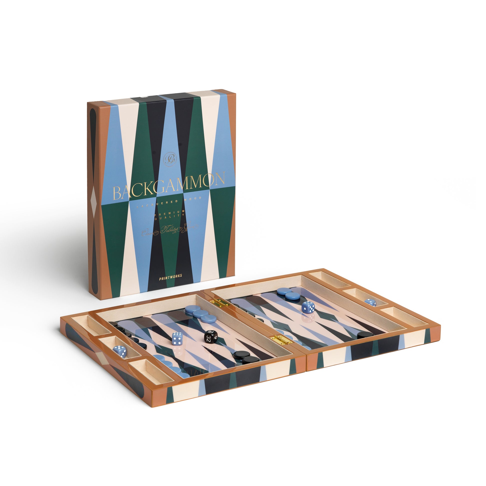 Backgammon Lacquered Bordspel│Printworks│art. PW00722│geopend met doos rechtop staand