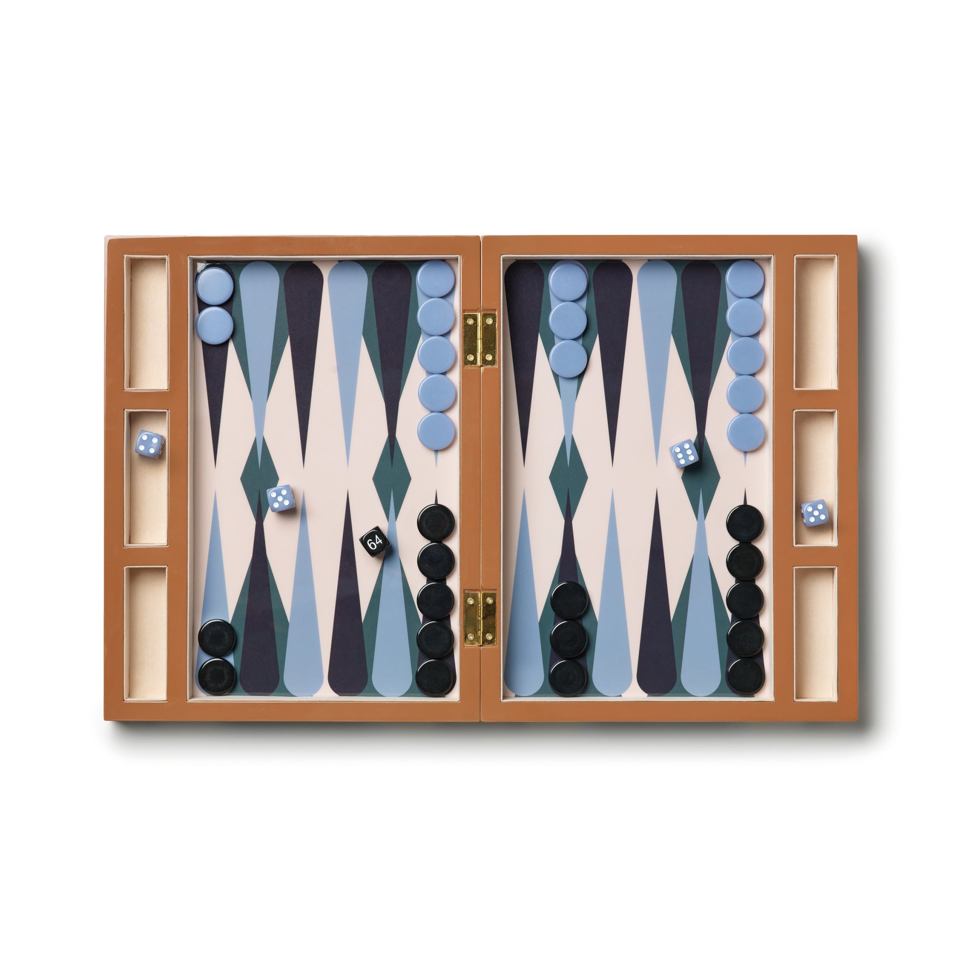 Backgammon Lacquered Bordspel│Printworks│art. PW00722│bovenaanzicht geopend met stukken