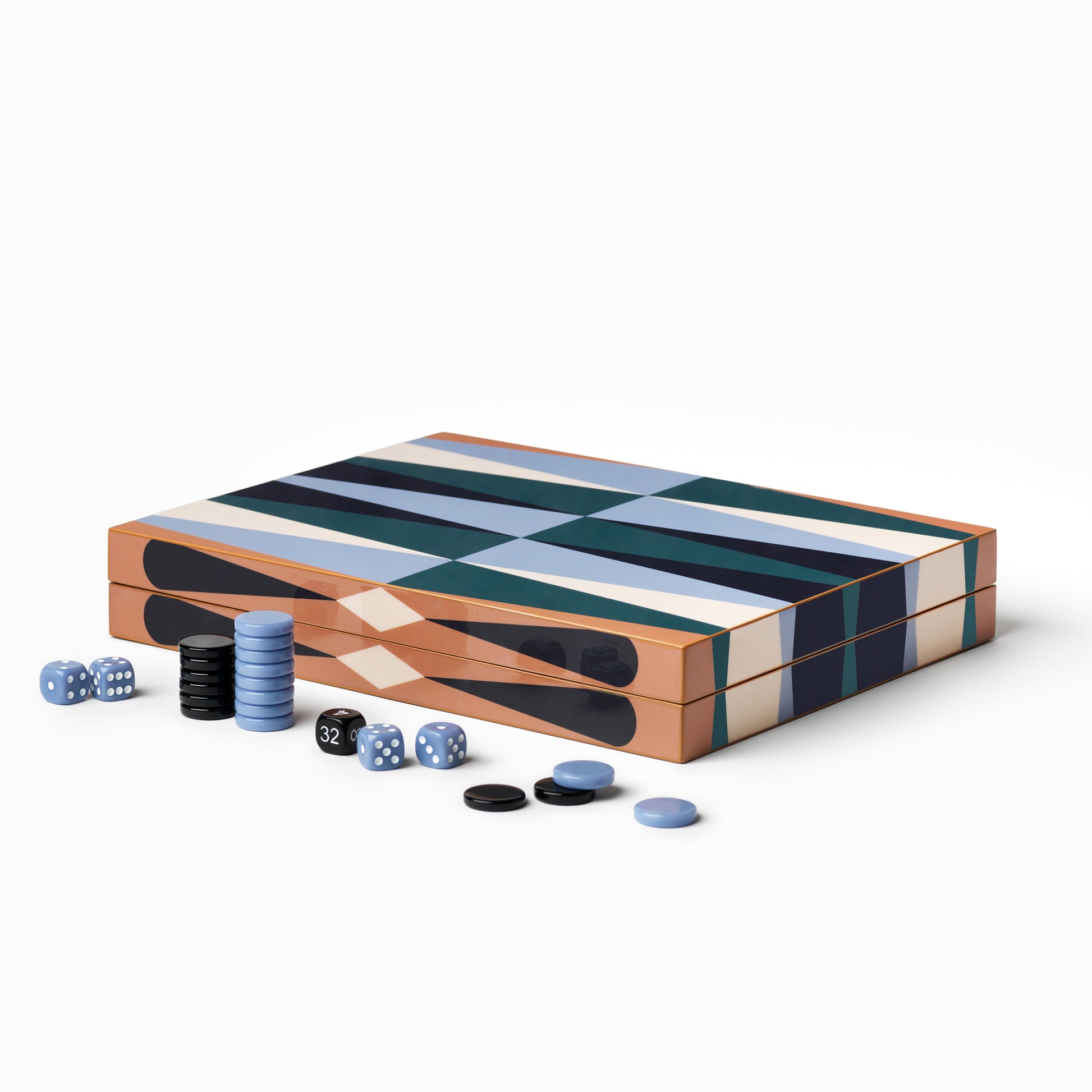 Backgammon Lacquered Bordspel│Printworks│art. PW00722│gesloten met stukken naast spel