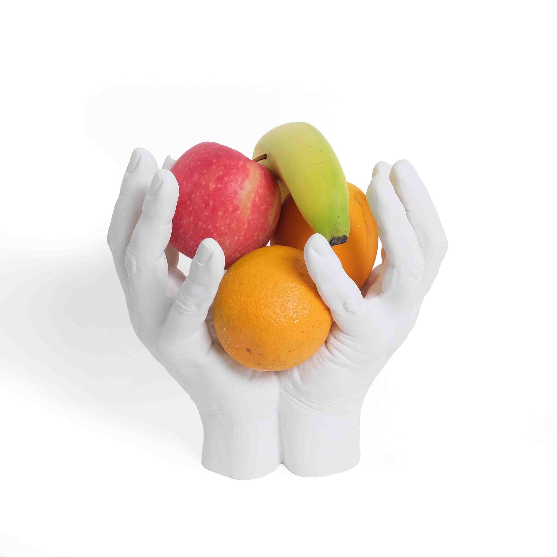 Reality Hand-Bowl│Harry Allen│Areaware│Fruitschaal in de vorm van echte handen│art. HARBHW│voorkant met diverse fruit