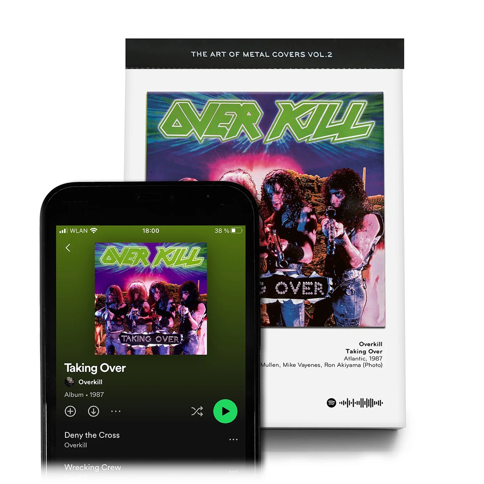 Scheurkalender The Art of metal Covers│Seltmann Publishers│pagina album Overkill met Spotify op telefoon