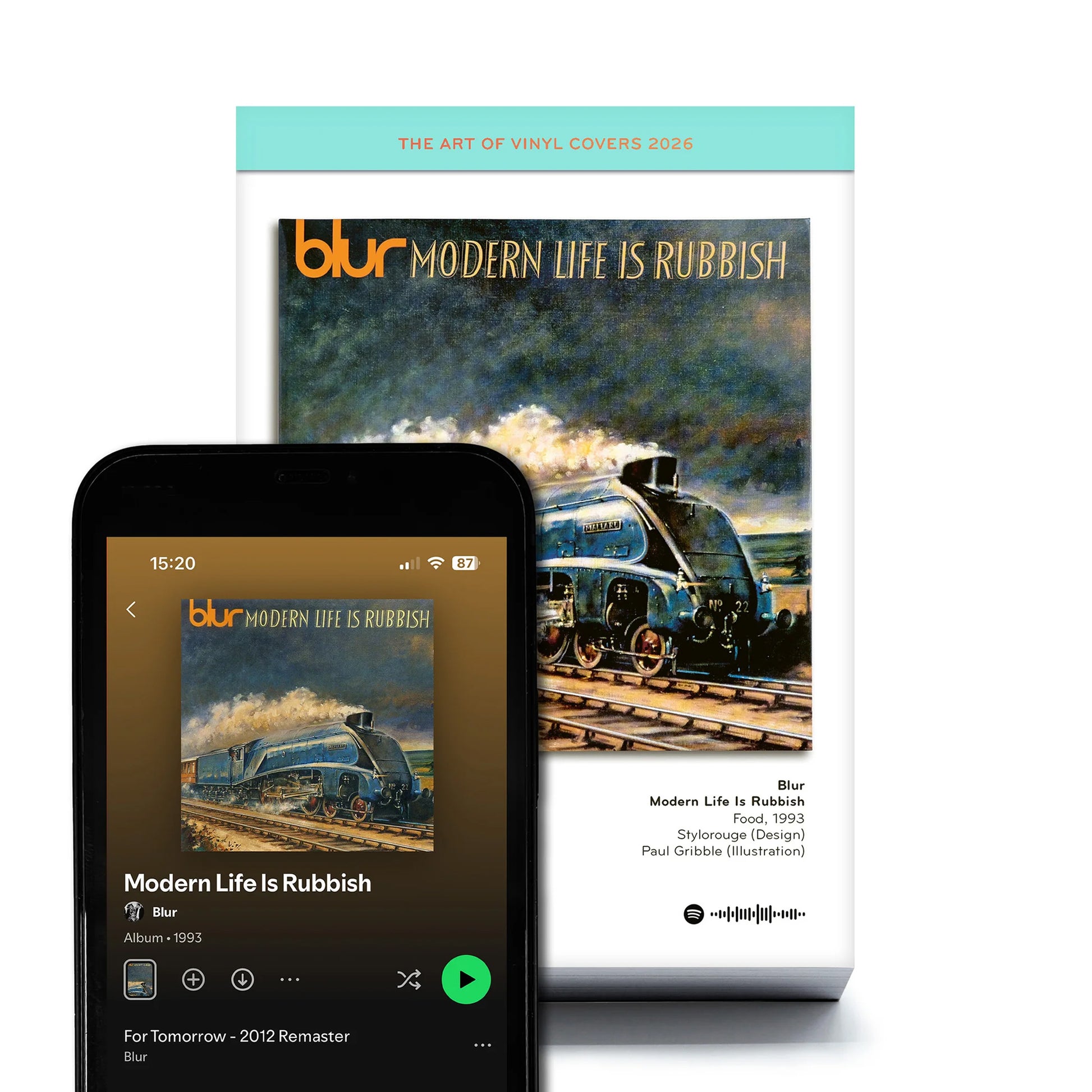 Scheurkalender The Art of Vinyl Covers 2026│Platenhoezen│vooraanzicht met Album Blur en Spotify op telefoon