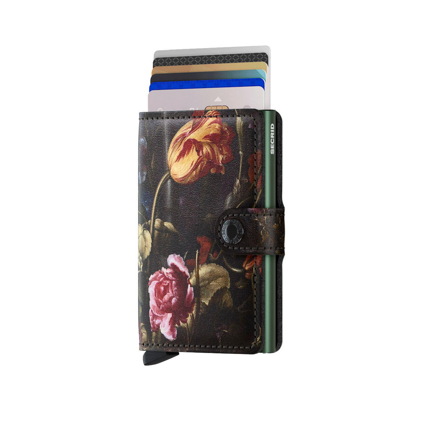 Secrid Miniwallet Art Collection Bloemstilleven│Pasjeshouder│art. MAR-FLOWERS│vooraanzicht met uitgeschoven pasjes