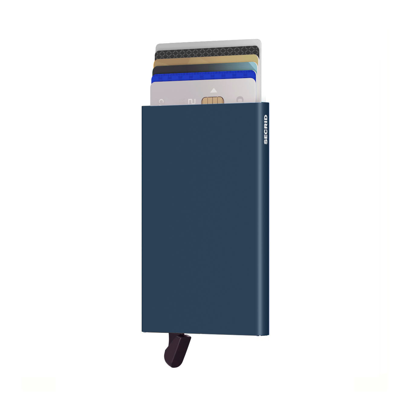 Secrid Cardprotector Navy│Pasjeshouder│voorkant met uitgeschoven pasjes en clip│art. C-NAVY