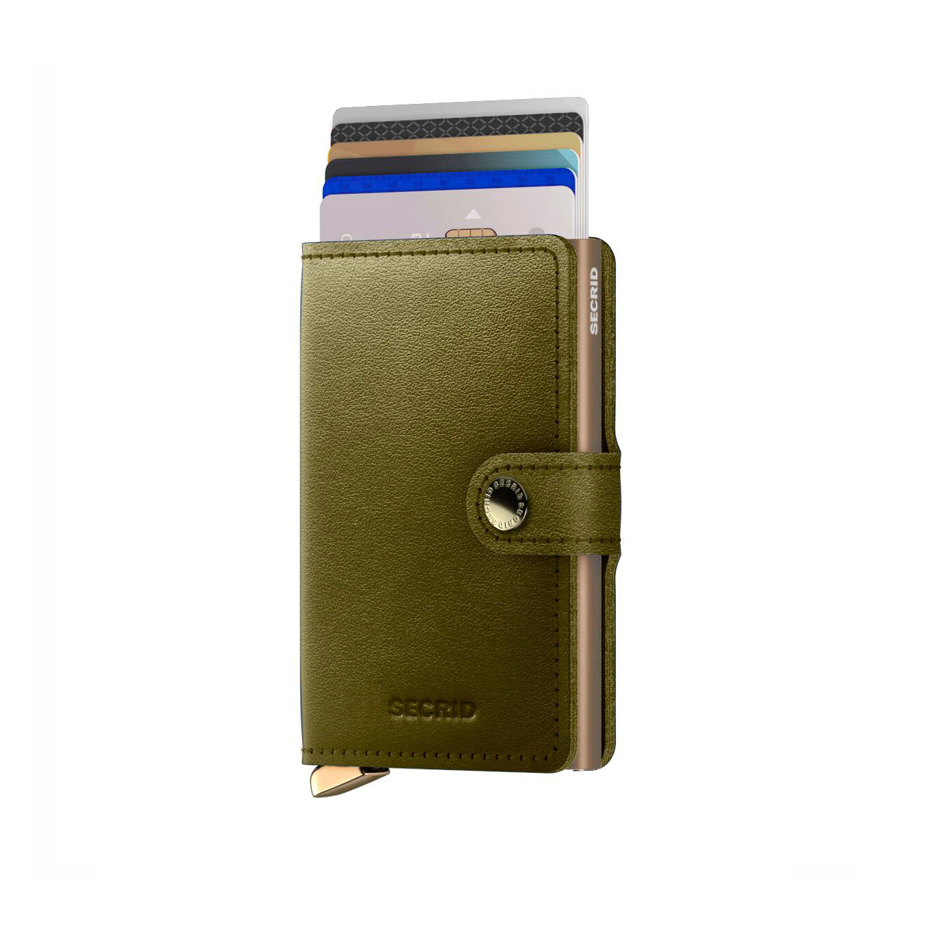 Secrid Miniwallet Premium Dusk│art. MDU-OLIVE│Pasjeshouder│voorkant met uitgeschoven pasjes