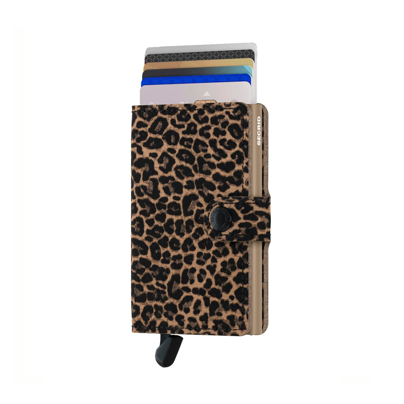 Secrid Miniwallet Leo│art. MLE-BEIGE│Pasjeshouder en Portemonnee│voorkant met uitgeschoven pasjes en clip