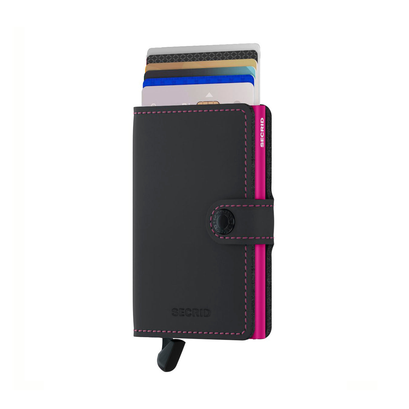 Secrid Miniwallet Matte│art. MM-BLACK&FUCHSIA│Pasjeshouder en Portemonnee│voorkant met uitgeschoven pasjes en clip